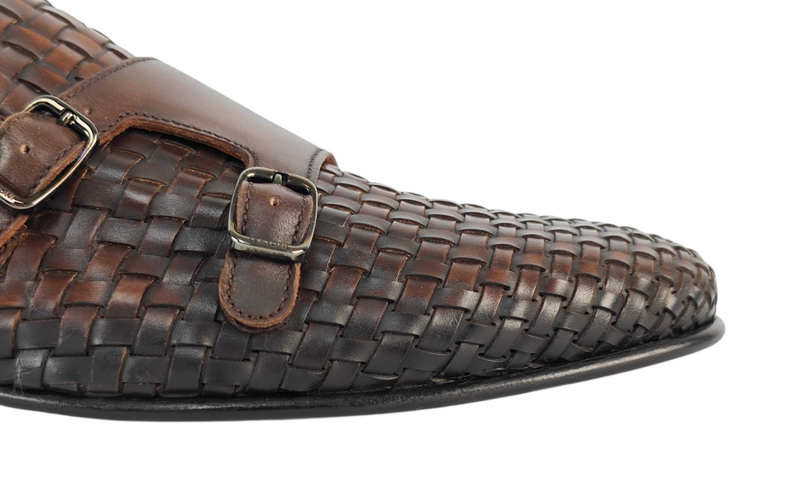 1250$ TESTONI "Tivoli" Brown Unlined Loafer Monk Shoes Woven 8 UK / 9 US / 42 IT