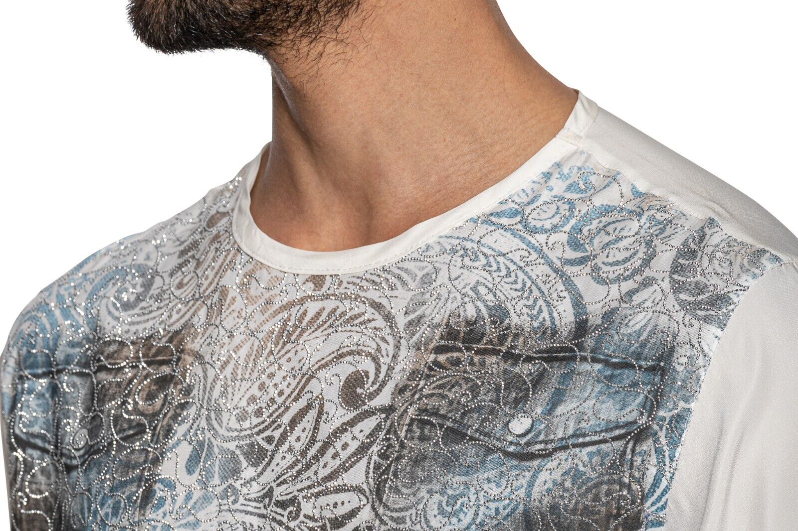 750$ ITALO FERRETTI T-Shirt White "JEWELS" 100% Silk + Strass Size L ZILLI