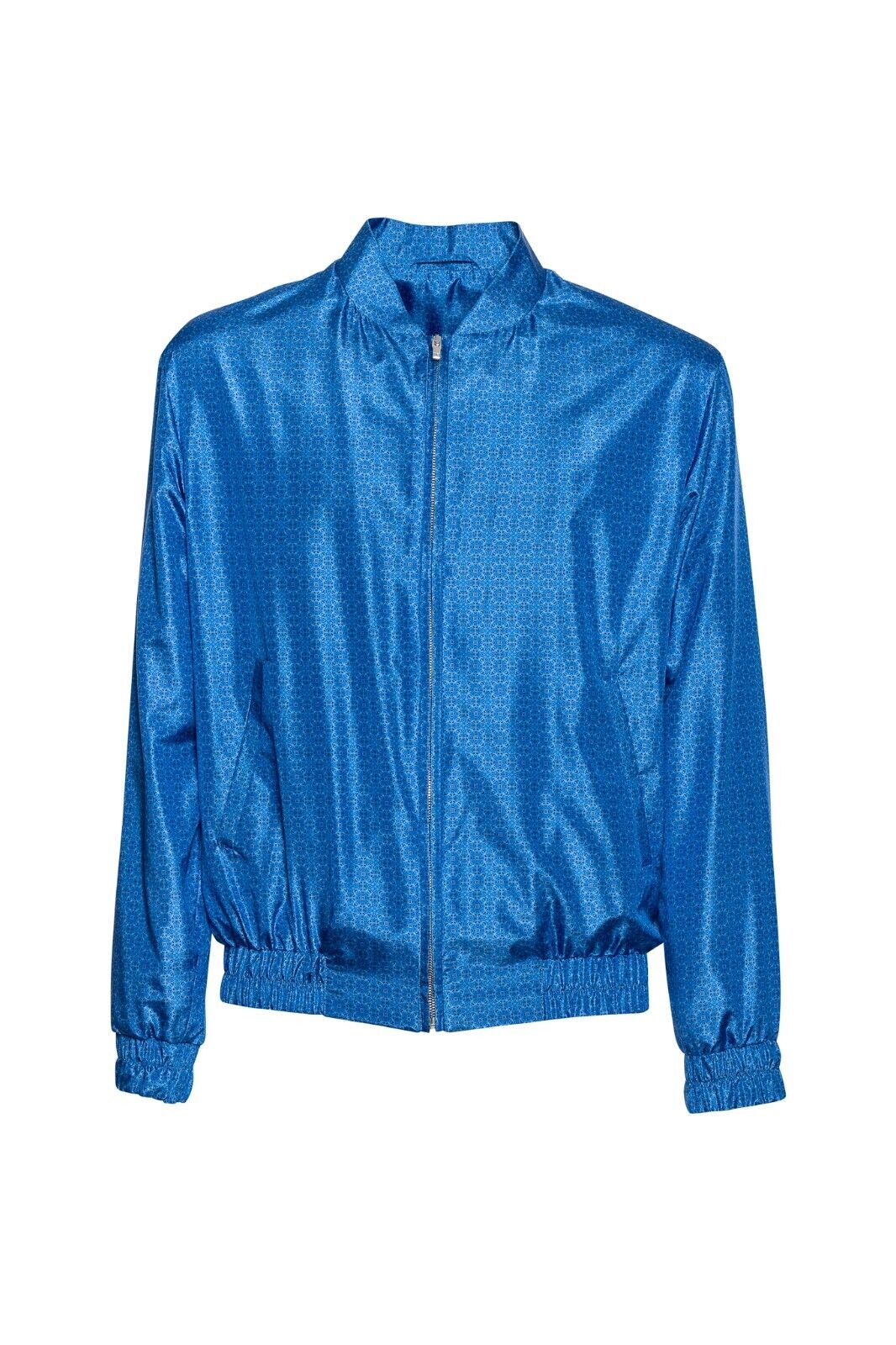 2000$ ITALO FERRETTI Bomber Jacket Blue "Geometric" 100% Silk 42 US 52 EU BIJAN