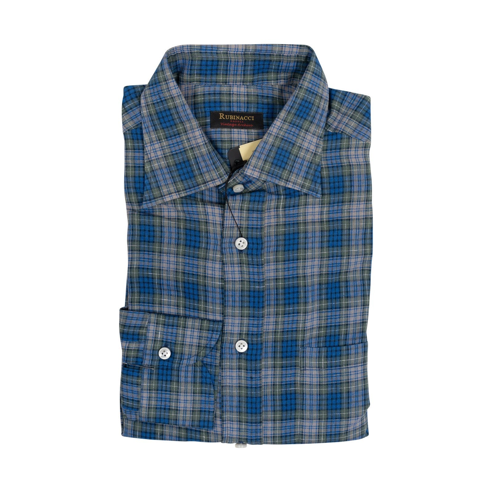 670$ RUBINACCI NAPOLI Vintage Archive Blue Checks Hand-Sewn Dress Shirt Linen 3W