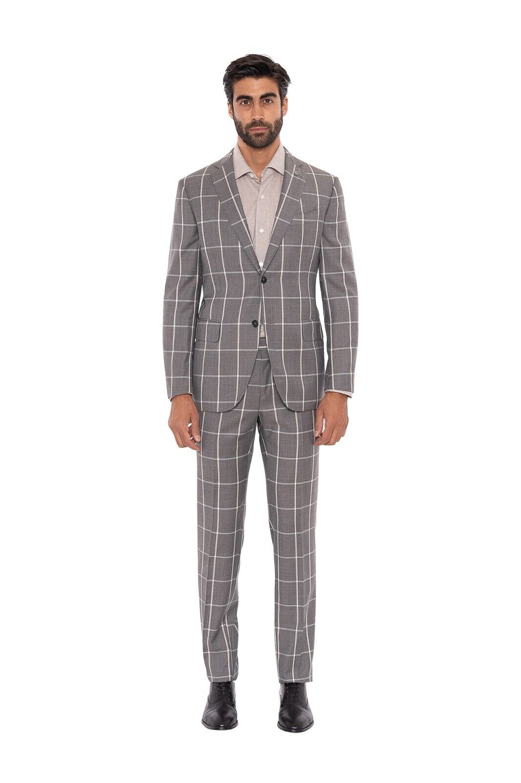 $1900 EIDOS by ISAIA NAPOLI Gray Windowpane Suit Cotton Wool Drop 7 Regular