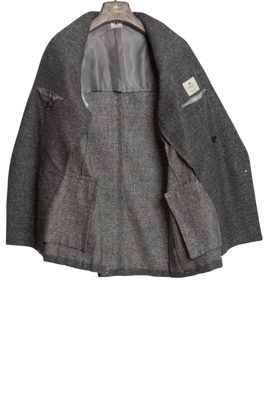 $2150 LUIGI BORRELLI "FIRENZE" HandSewn Gray Double Breasted Jacket Donegal Wool