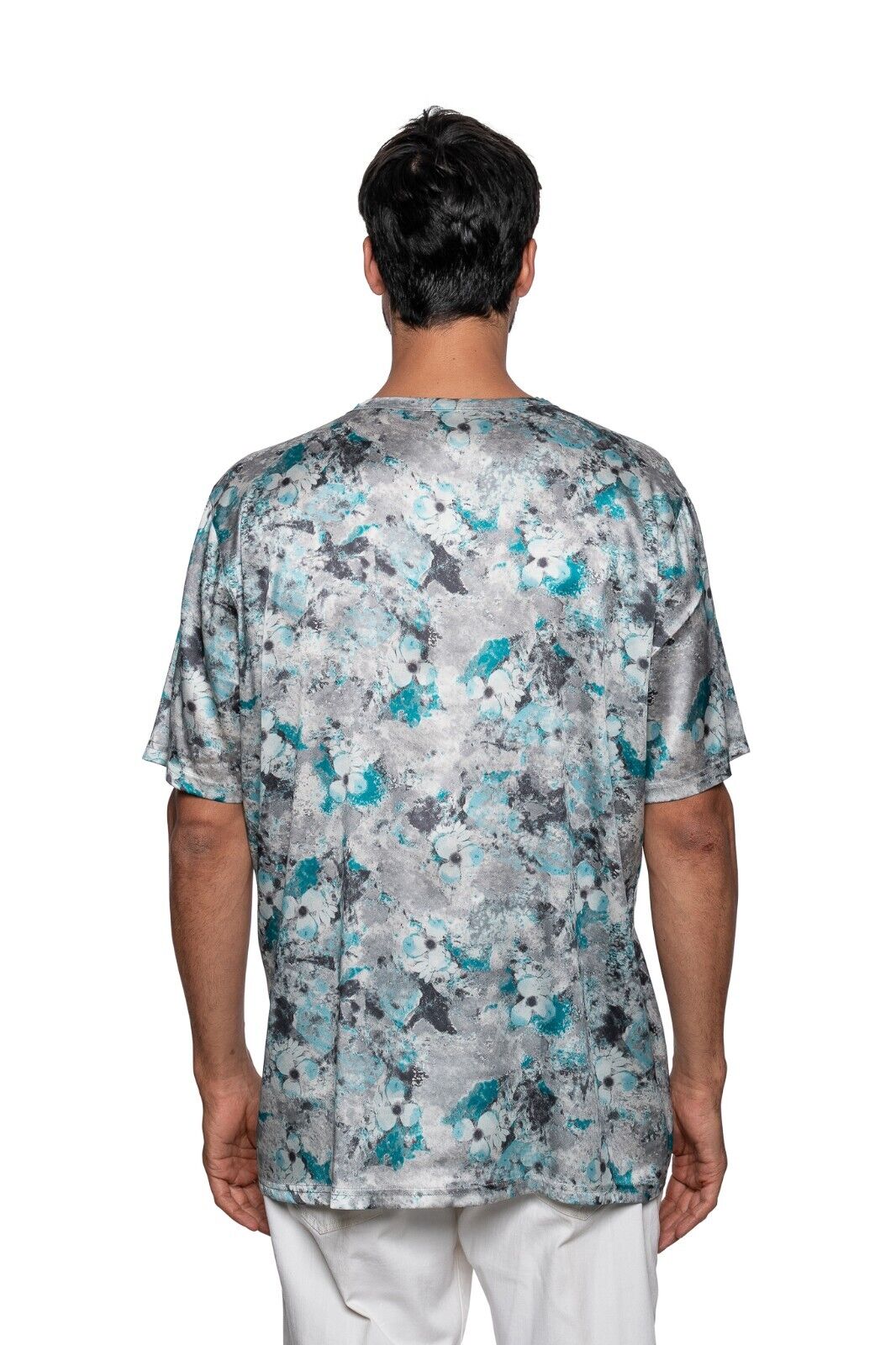 750$ ITALO FERRETTI T-Shirt "FLOWER" Gray/ Blue 100% Silk COMO XXL ZILLI