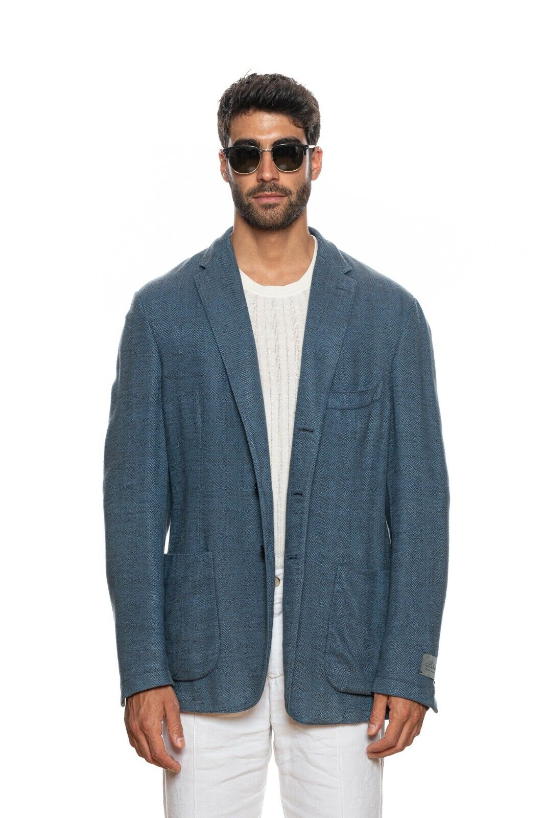 1450$ BELVEST Blue Denim Herringbone Jacket Washed Linen Cotton 46 US / 56 EU 7R