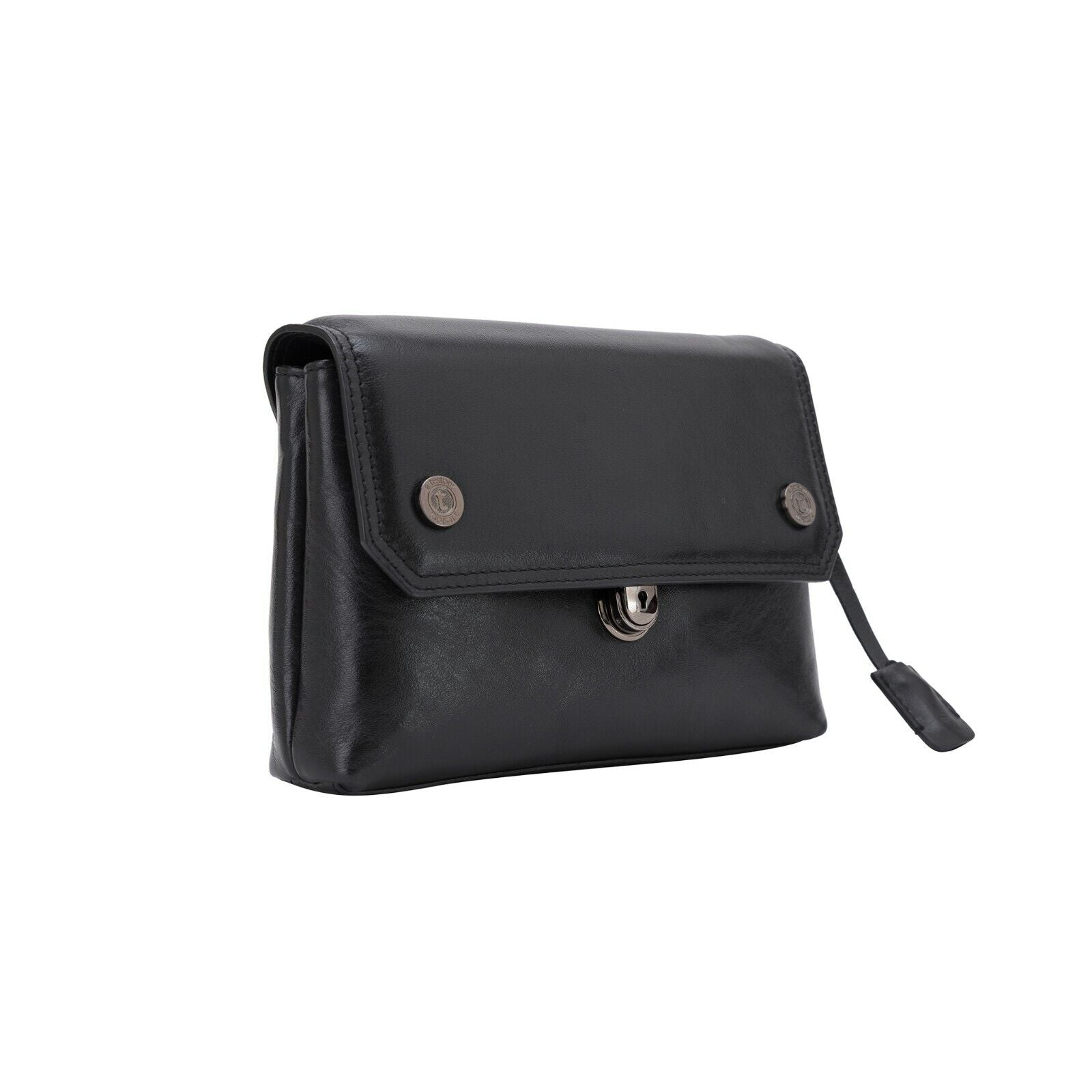 $390 Testoni Bologna Bright Black Light Calf Hand Clutch Bag Padlock with Keys