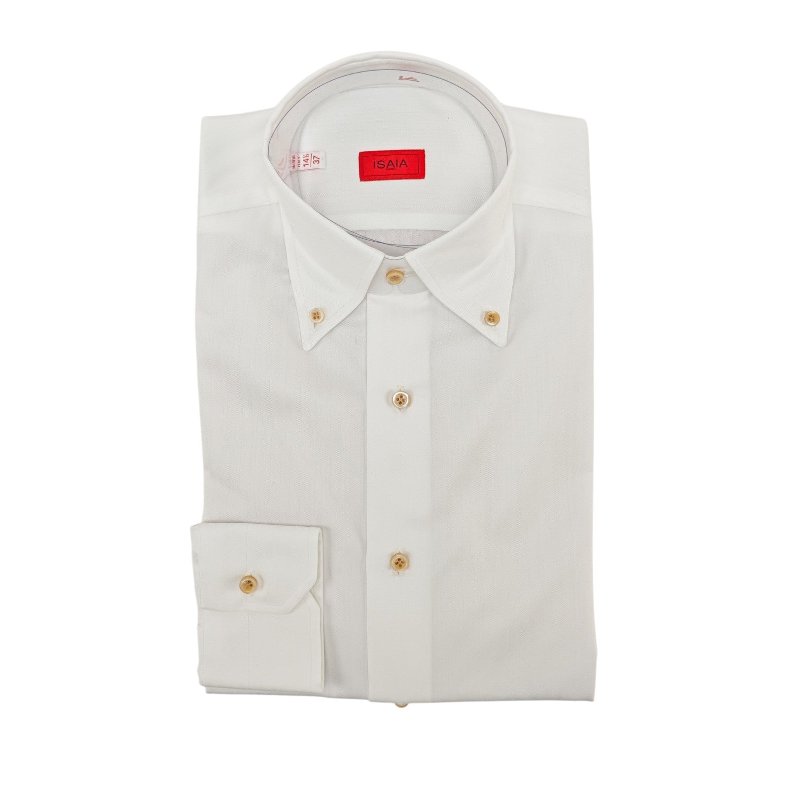 750$ ISAIA "Mix" Dress Shirt Button Down White Herringbone Cotton 14.5 - 37