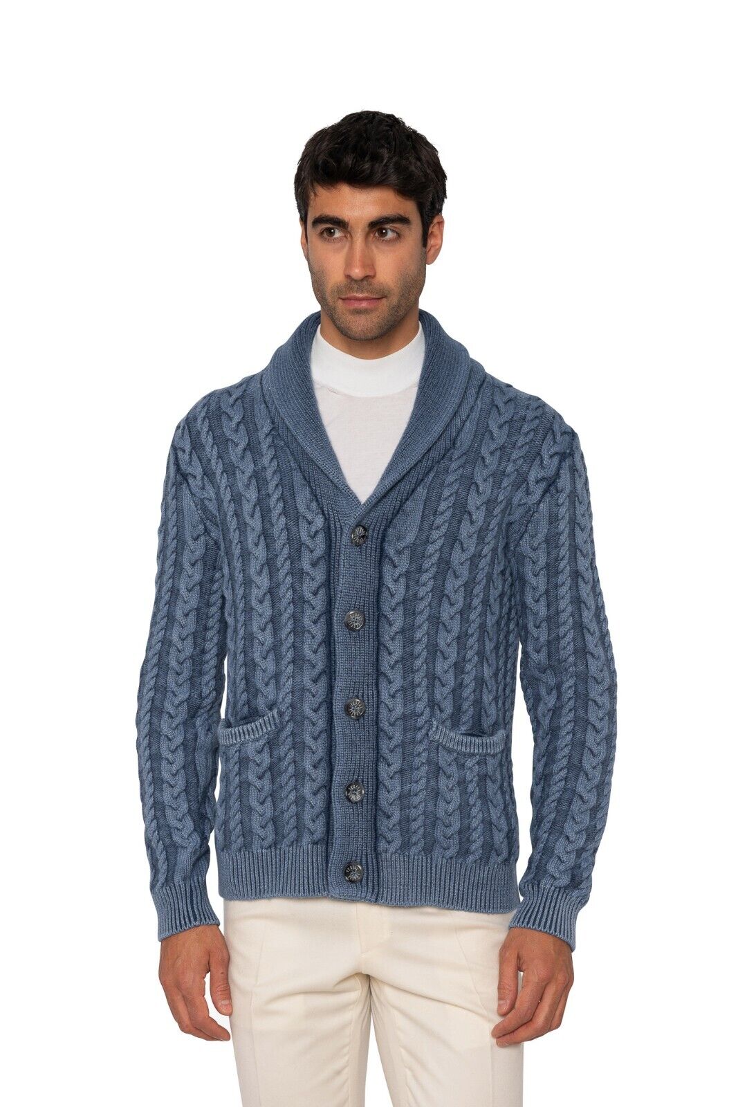 $1400 FEDELI CASHMERE Blue Cardigan Thick Merinos Wool Shawl Collar 40 US 50 EU