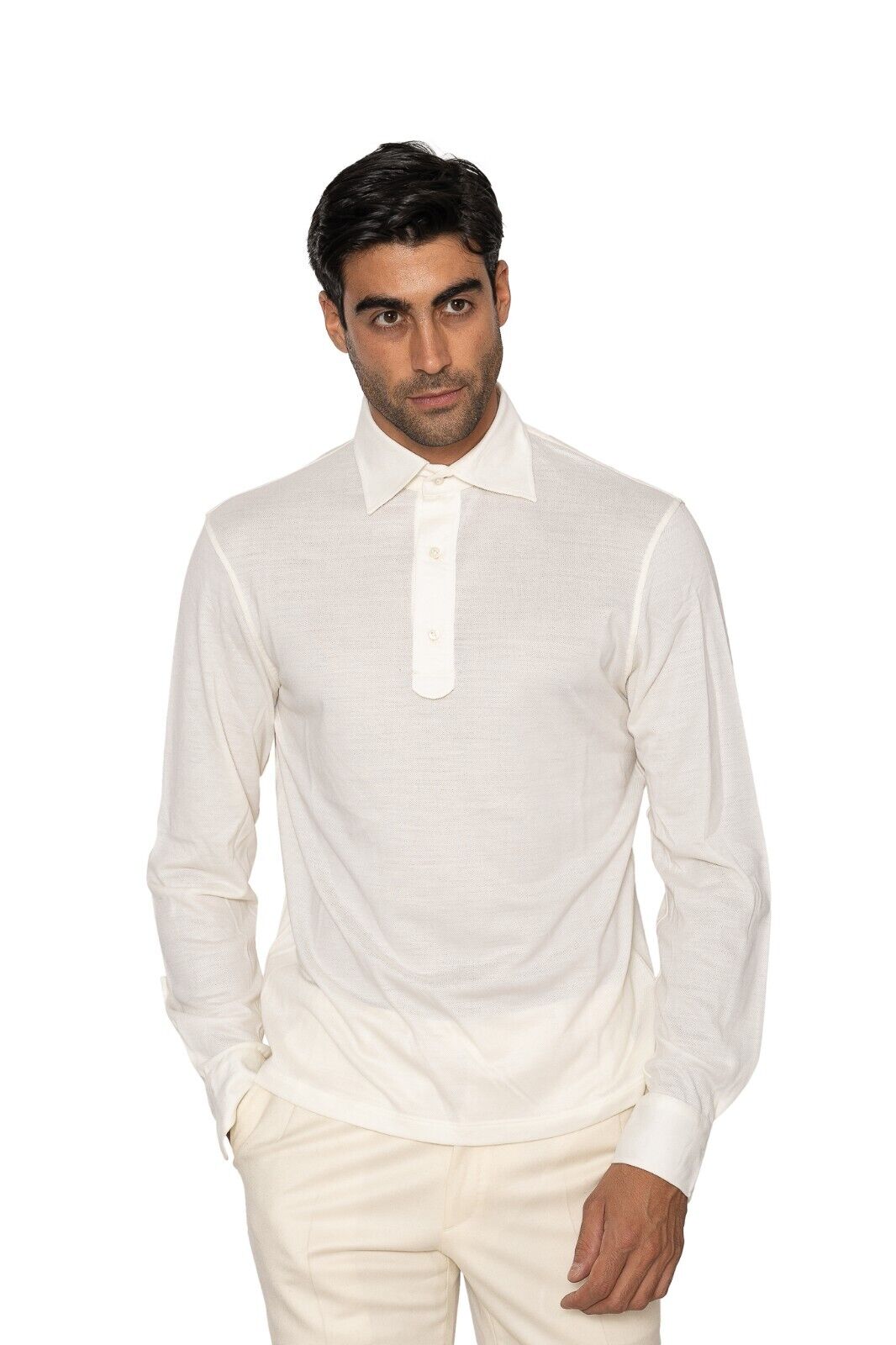 1200$ ISAIA NAPOLI "Iconico" Ivory Sartorial Knit Polo Sweater Wool Hand-Sewn