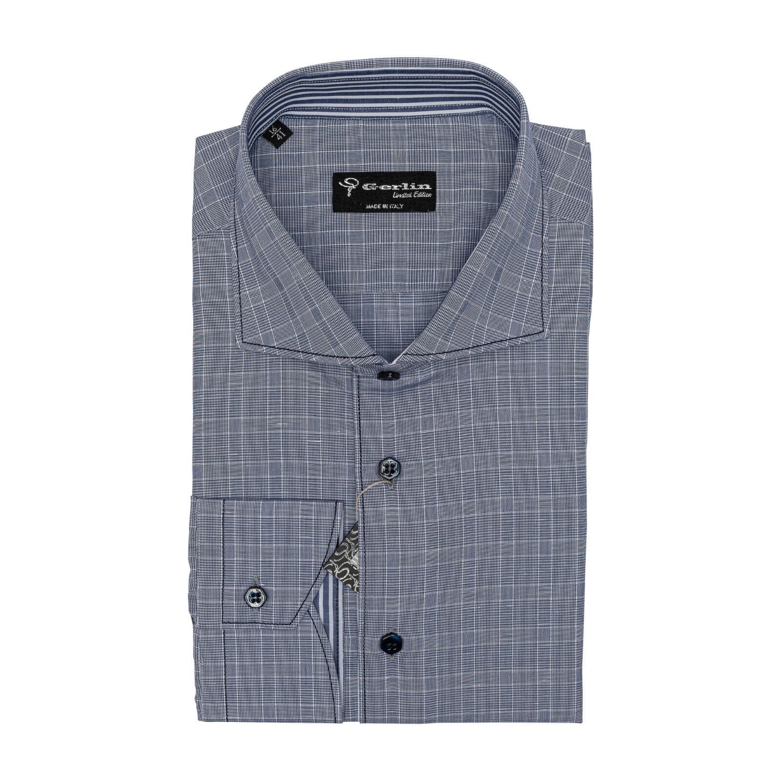 690$ LUXURY GERLIN Shirt Striped Blue Check Cotton 15 - 38 4P BIJAN