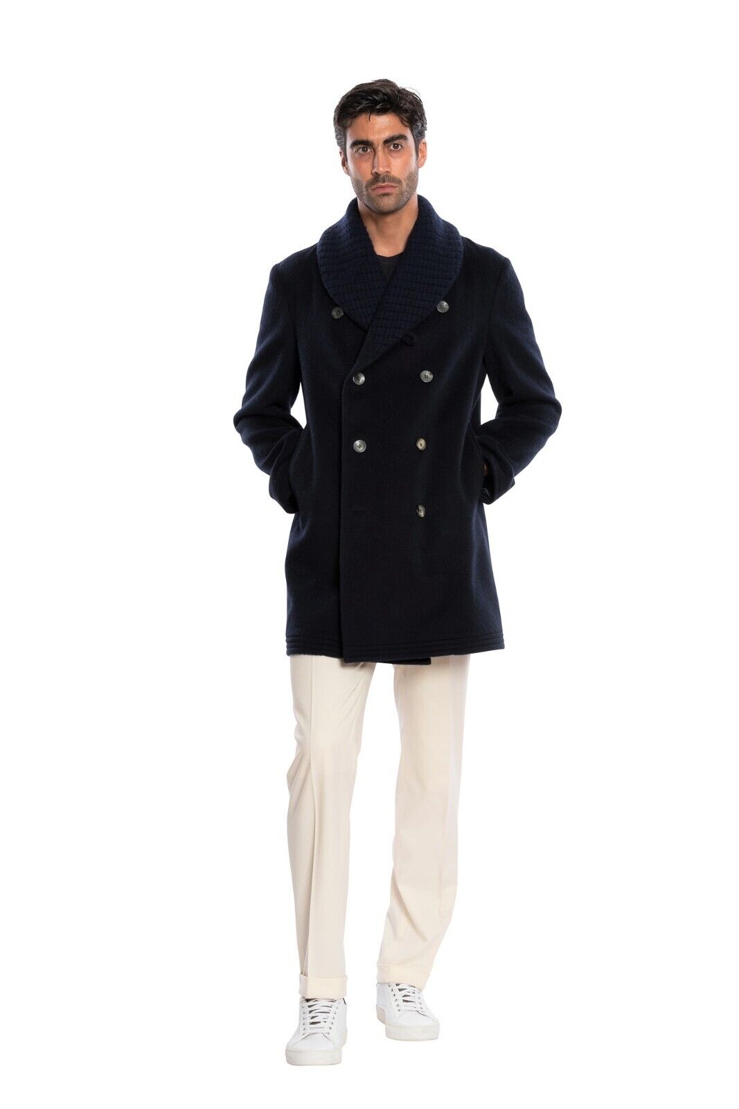$1850 BOGLIOLI Dark Blue Double Breasted Coat Shawl Collar Wool 40 US / 50 EU