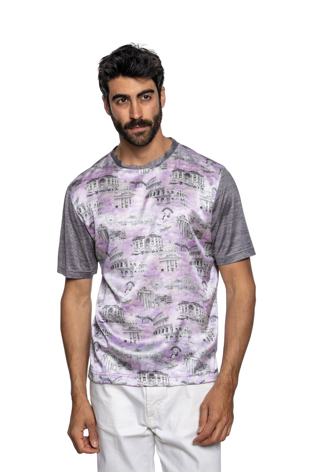 750$ ITALO FERRETTI T-Shirt Gray / Lilac "ROME" 100% Silk COMO STRETCH ZILLI