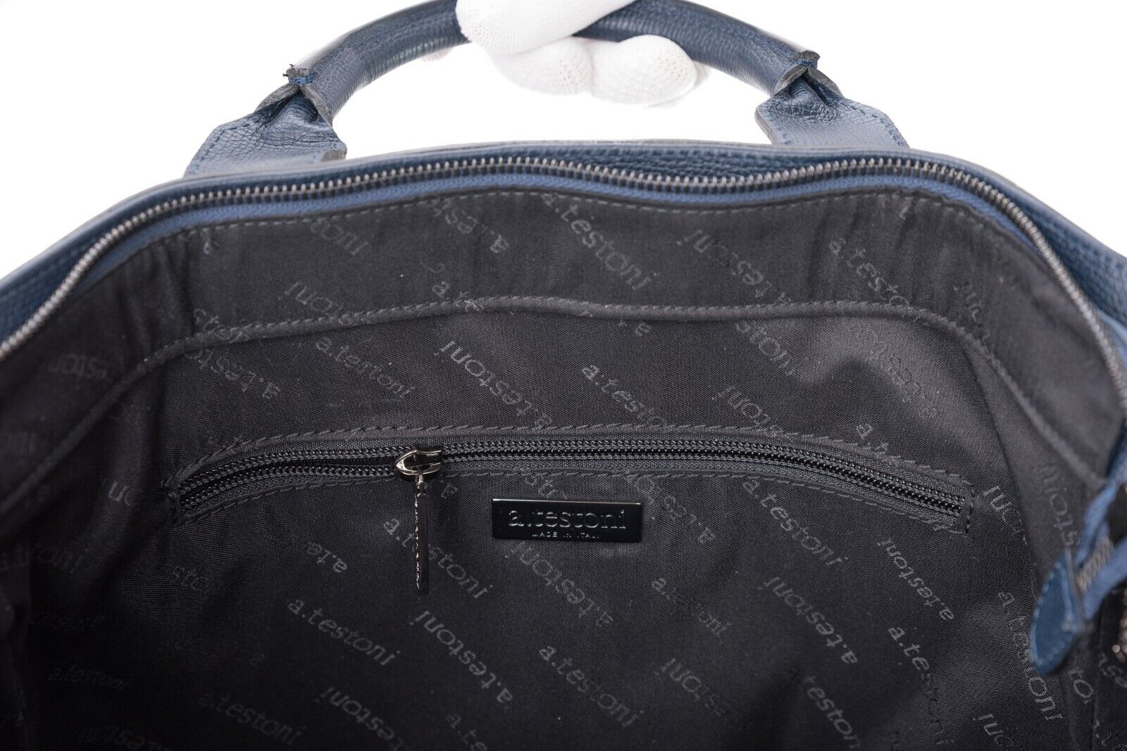$1340 Testoni Bologna Shopping Bag with Studs Blue Karibu Calf + Fabric
