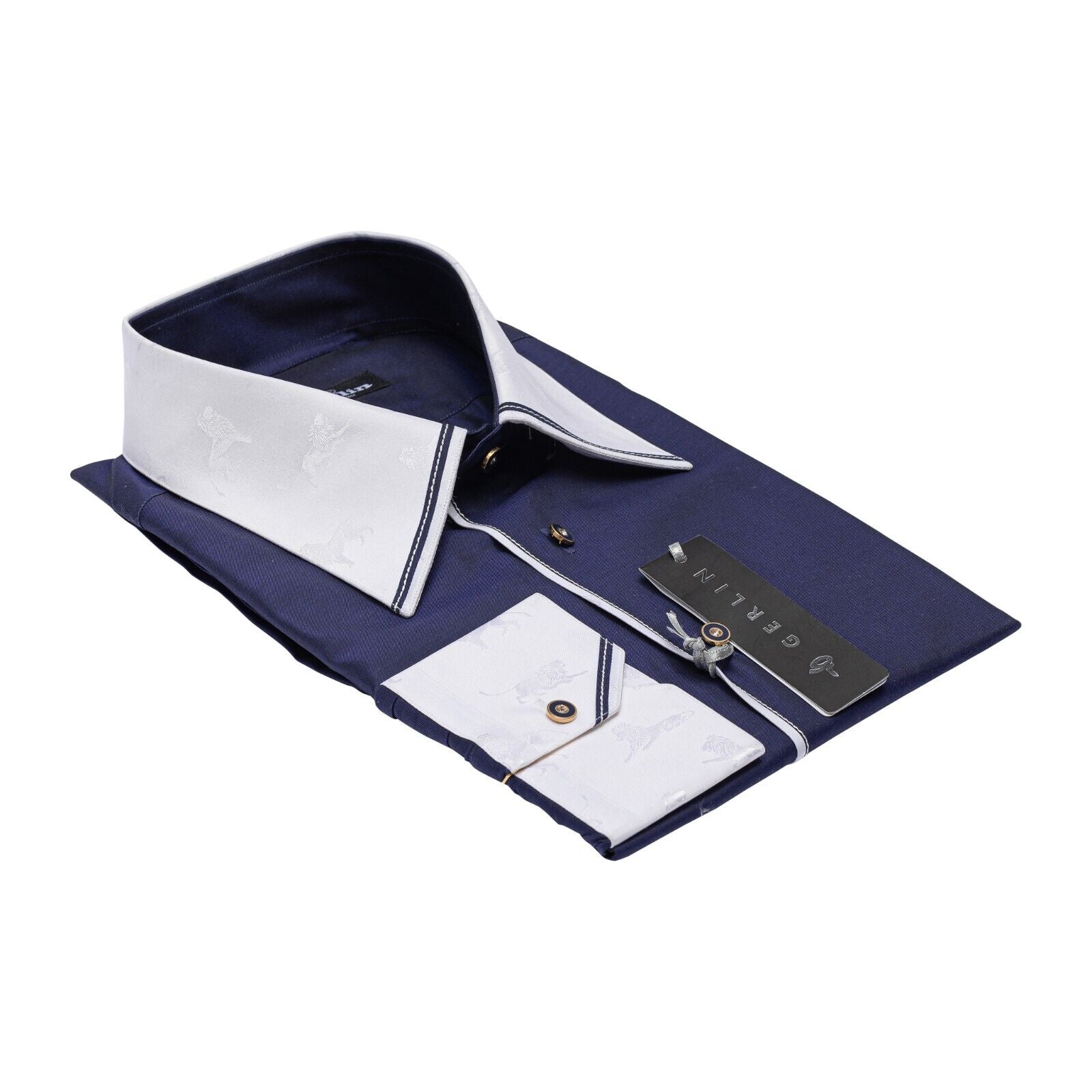750$ LUXURY GERLIN Shirt "LIONS" Blue ALUMO Cotton 16 - 41 6A BIJAN