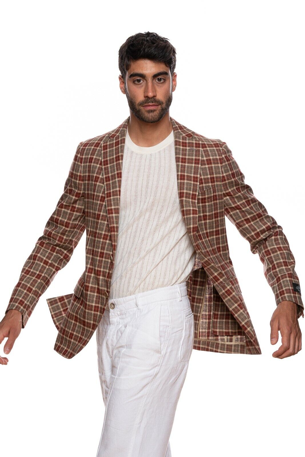 BELVEST Made in Italy Jacket Silk Linen Checks Brown & Burgundy 42 US / 52 EU 9R