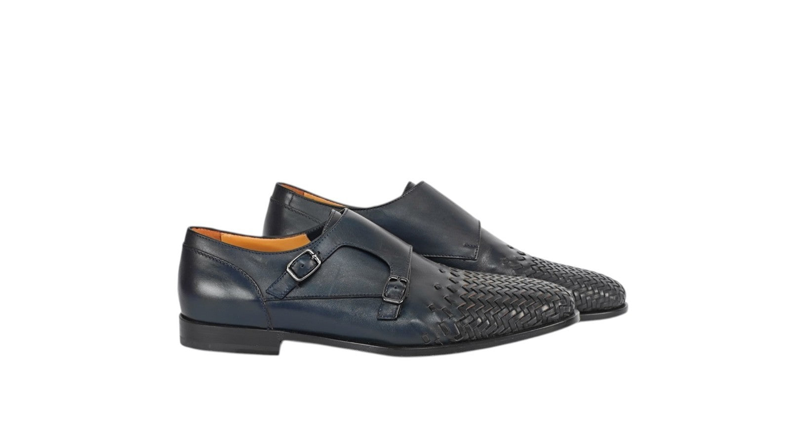 1250$ TESTONI Camogli Double Monk Shoes Woven Antique Calf Navy 8 UK 9 US 42 IT