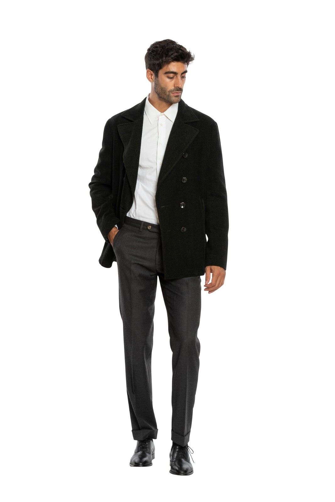 $1950 BOGLIOLI Caban Peacoat Coat Blue / Green Cashmere Wool Cotton 40 US 50 EU