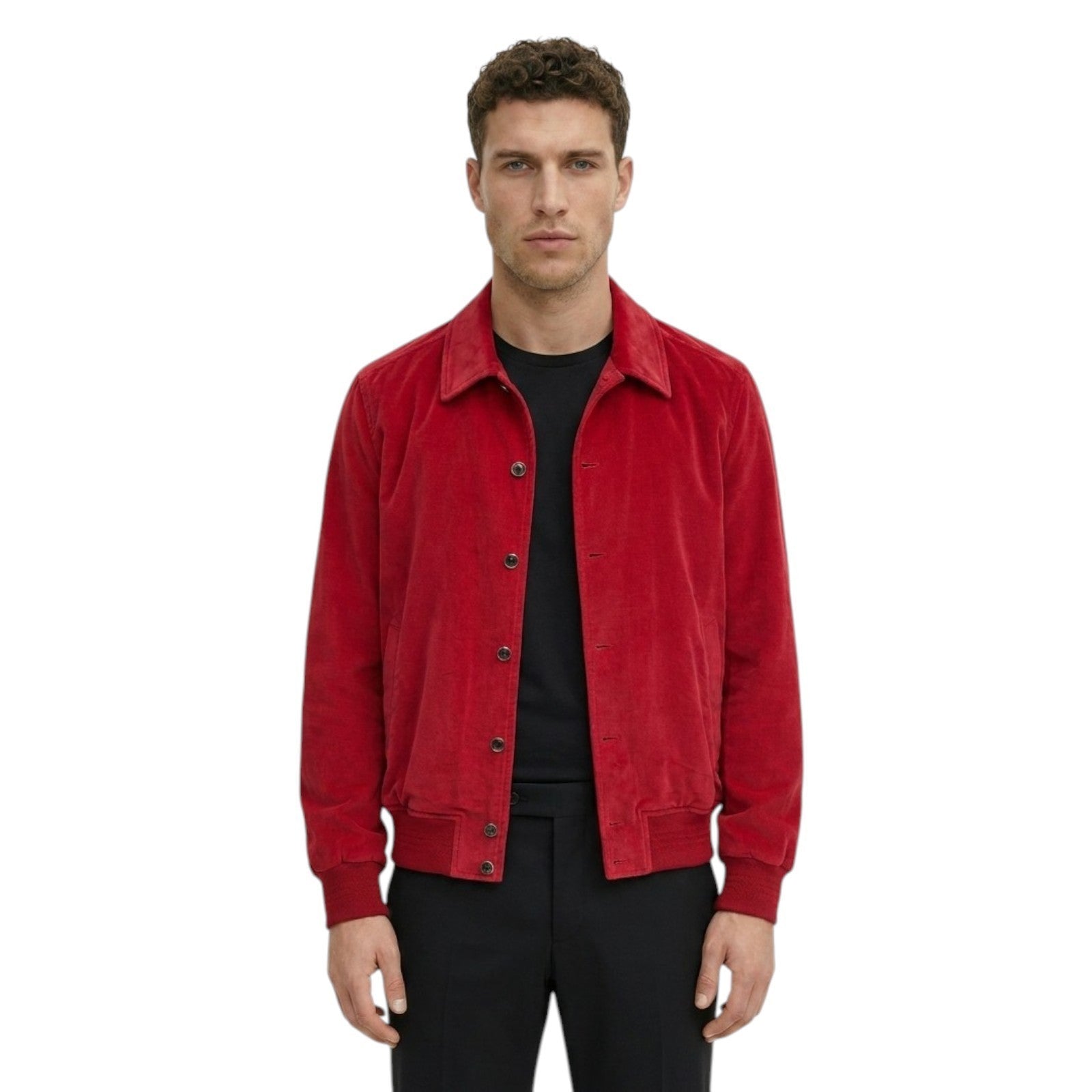 $3250 ISAIA NAPOLI "Varsity" Bomber Jacket Red Brushed Velvet Cotton - Linen