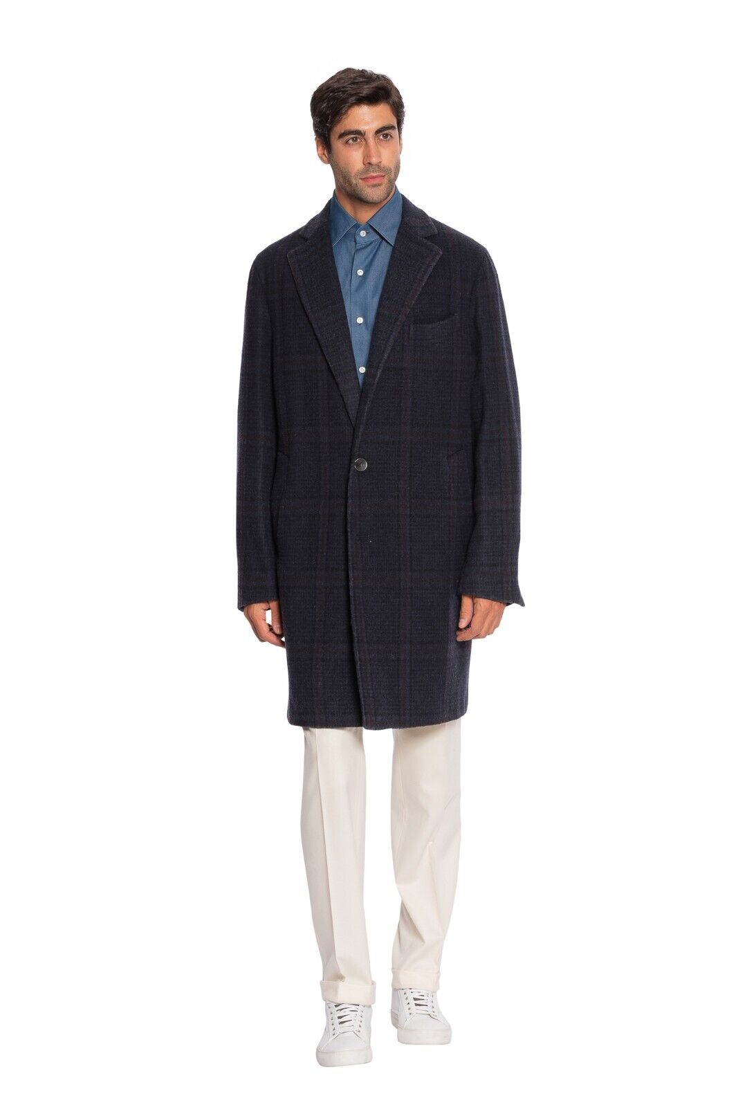$1850 BOGLIOLI Dark Blue Long Coat Martingale Checks Flannel Wool 40 US / 50 EU