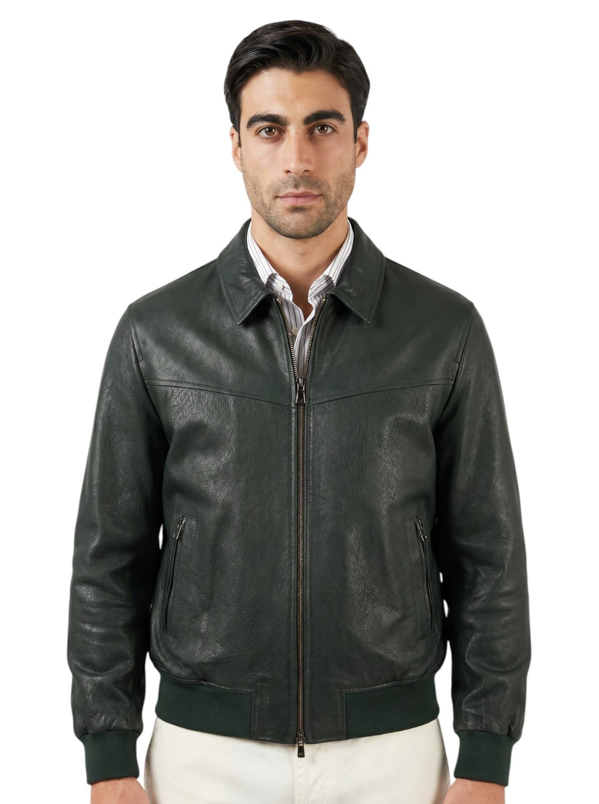 5600$ ISAIA NAPOLI Dark Green Bomber Jacket Grained Lambskin Leather
