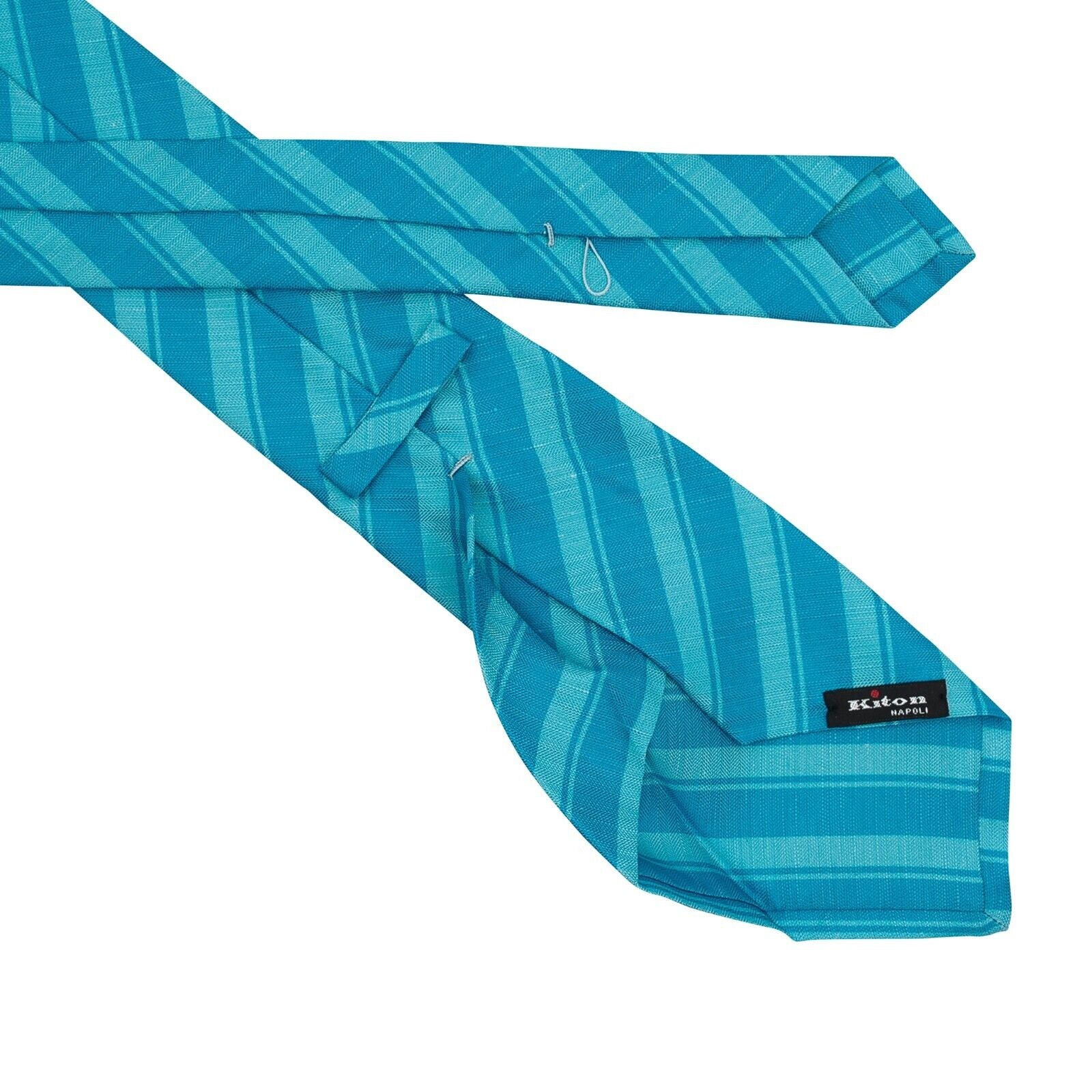 $330 KITON NAPOLI 7 - Fold Tie Regimental Blue Silk / Linen 148cm - 8.5cm
