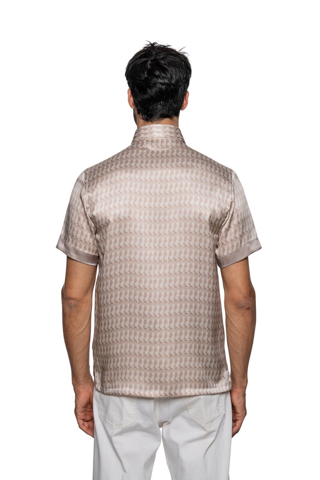 750$ ITALO FERRETTI " GEOMETRIC " Polo Beige 100% Silk COMO Sz L BIJAN