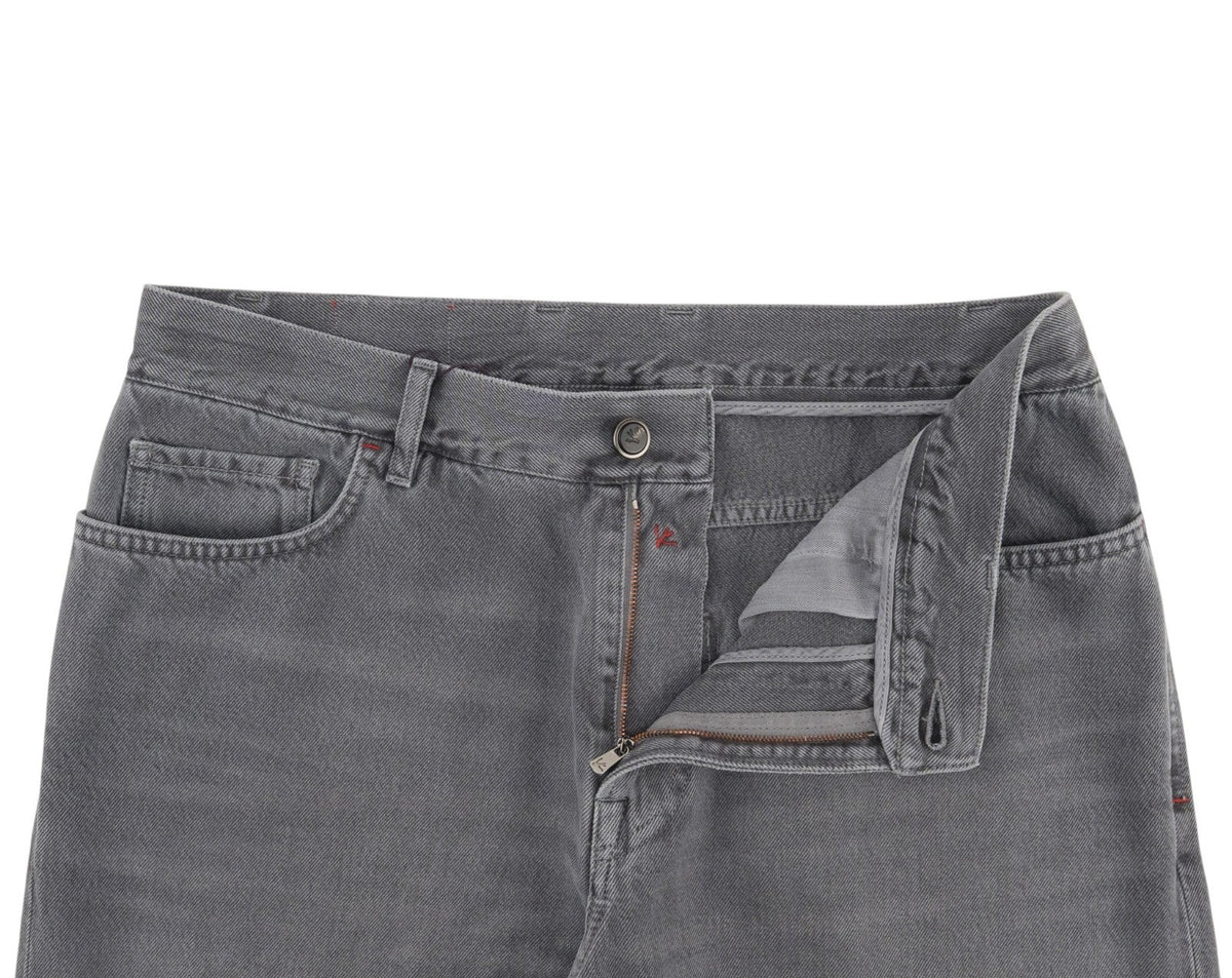 795$ ISAIA NAPOLI "Forcella" Gray Denim Jeans Pant Cotton - Leather Tag Wide Leg