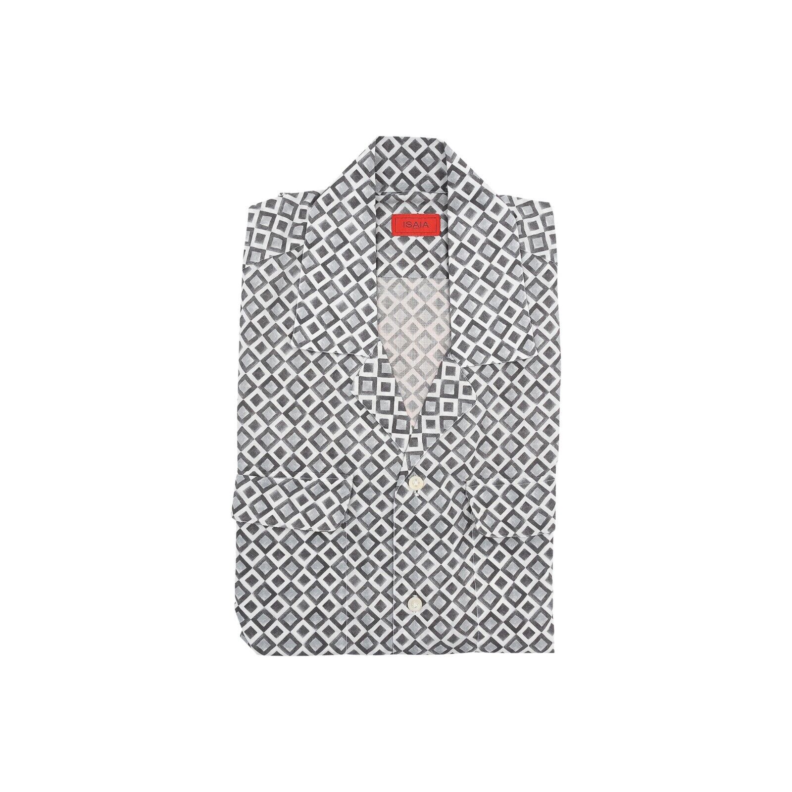 850$ ISAIA NAPOLI Gray Geometric Shirt Camp Collar Fine Cotton 15.5 - 39