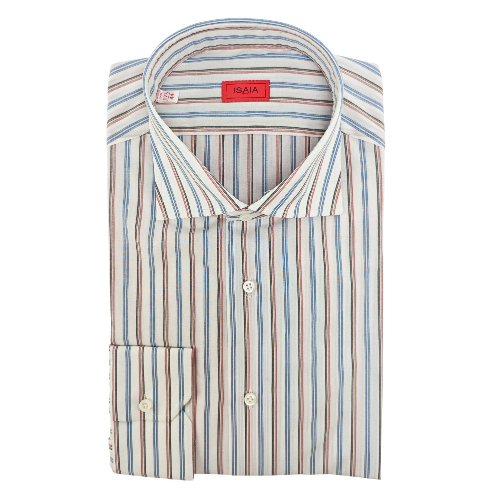 730$ ISAIA NAPOLI "Mix" Dress Shirt White Striped Lightwheight Cotton 17.5 - 44