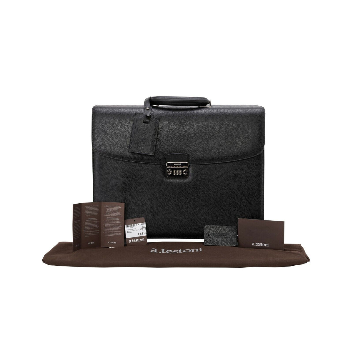 $2890 Testoni Bologna Trolley Briefcase PC Case Black Bright Karibu Calf