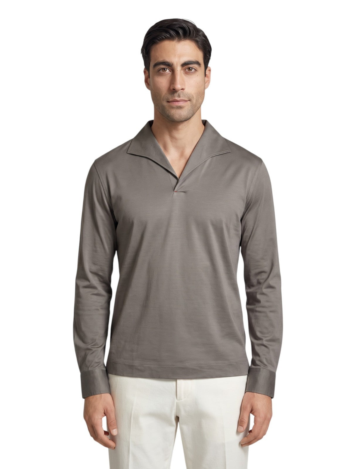 695$ ISAIA NAPOLI Hand-Sewn Polo Long Sleeve Cotton Lisle Taupe Size L