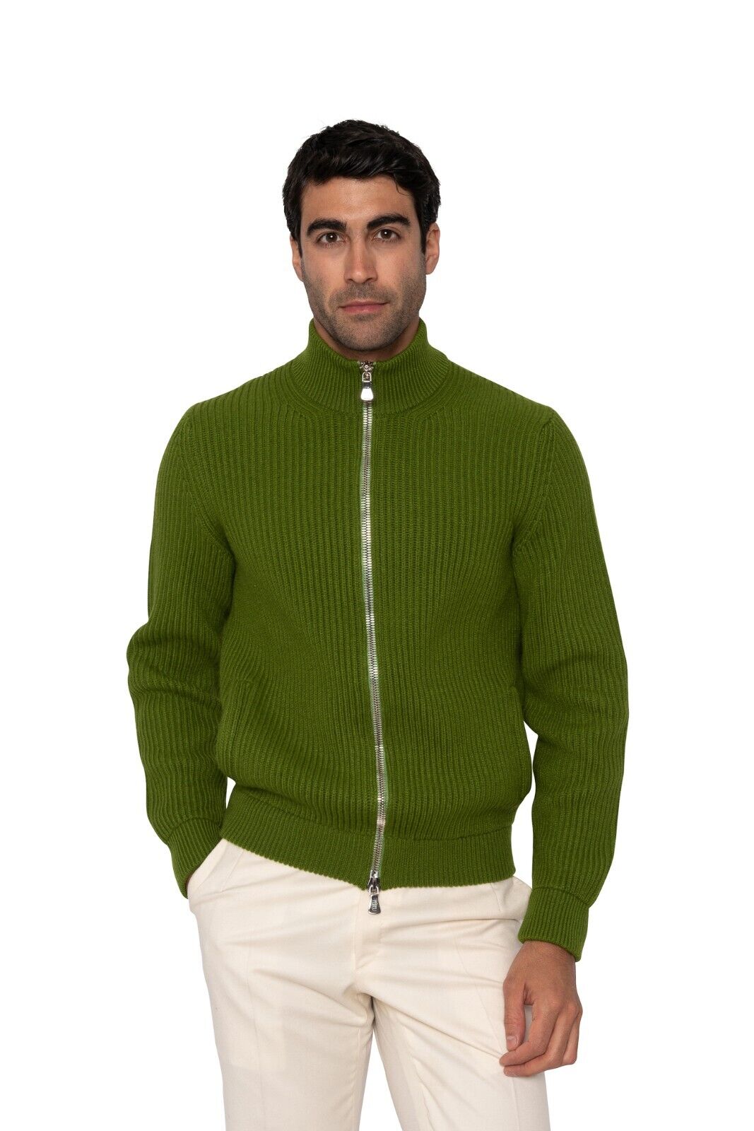 $1900 FEDELI CASHMERE Cardigan Sweater Full Zip 100% Ribbed Cashmere Pesto Green