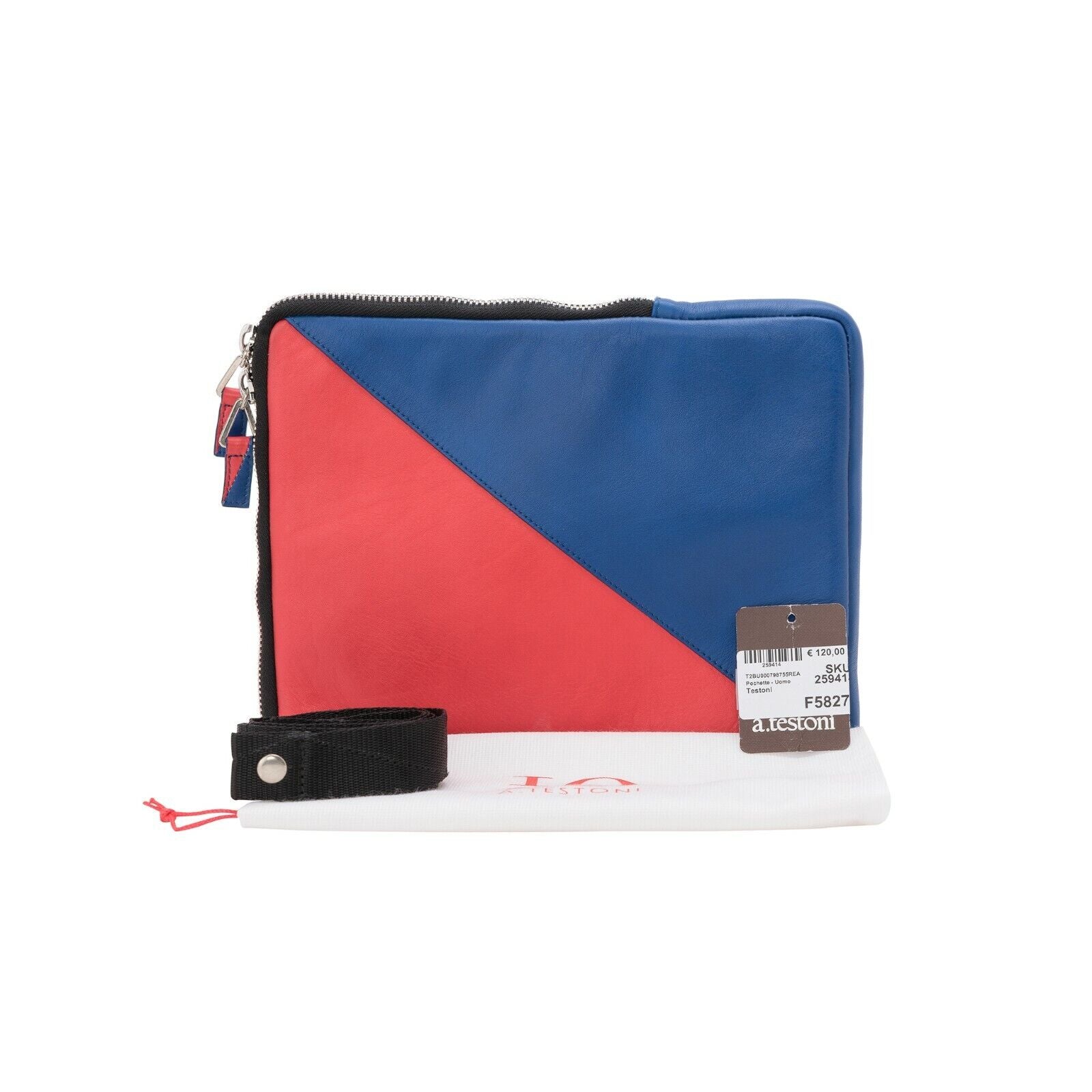 $149 Testoni Bologna Soft Calf Red / Blue Pochette + Detachable Shoulder Strap