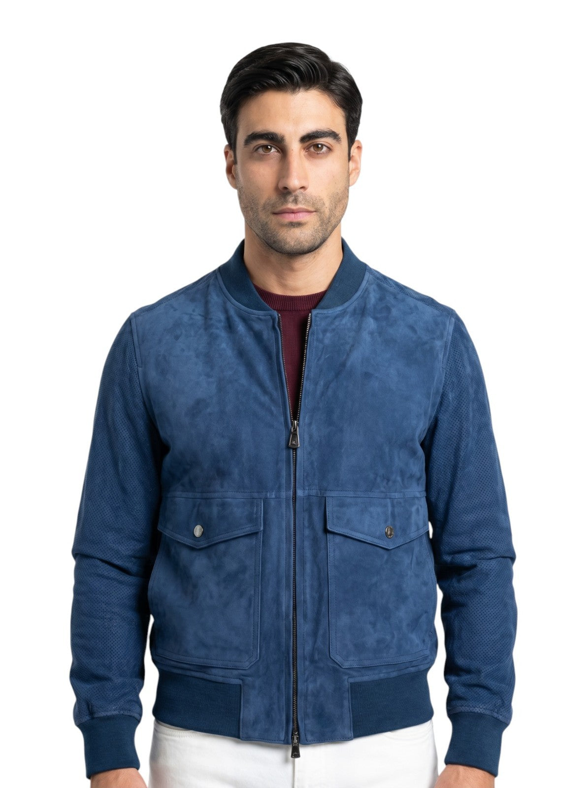 $5950 ISAIA Blue Varsity Jacket Suede Lambskin Leather - Perforated 42 US 52 EU