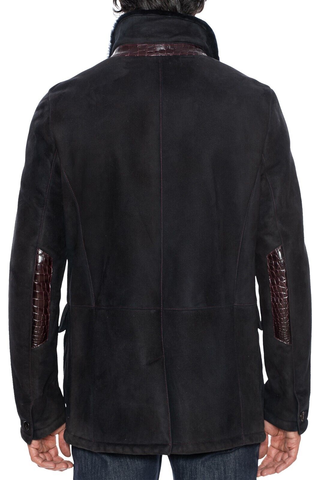 $11500 HETTABRETZ Dark Blue Leather Lambskin Fur Coat + Crocodile 40 US / 50 EU