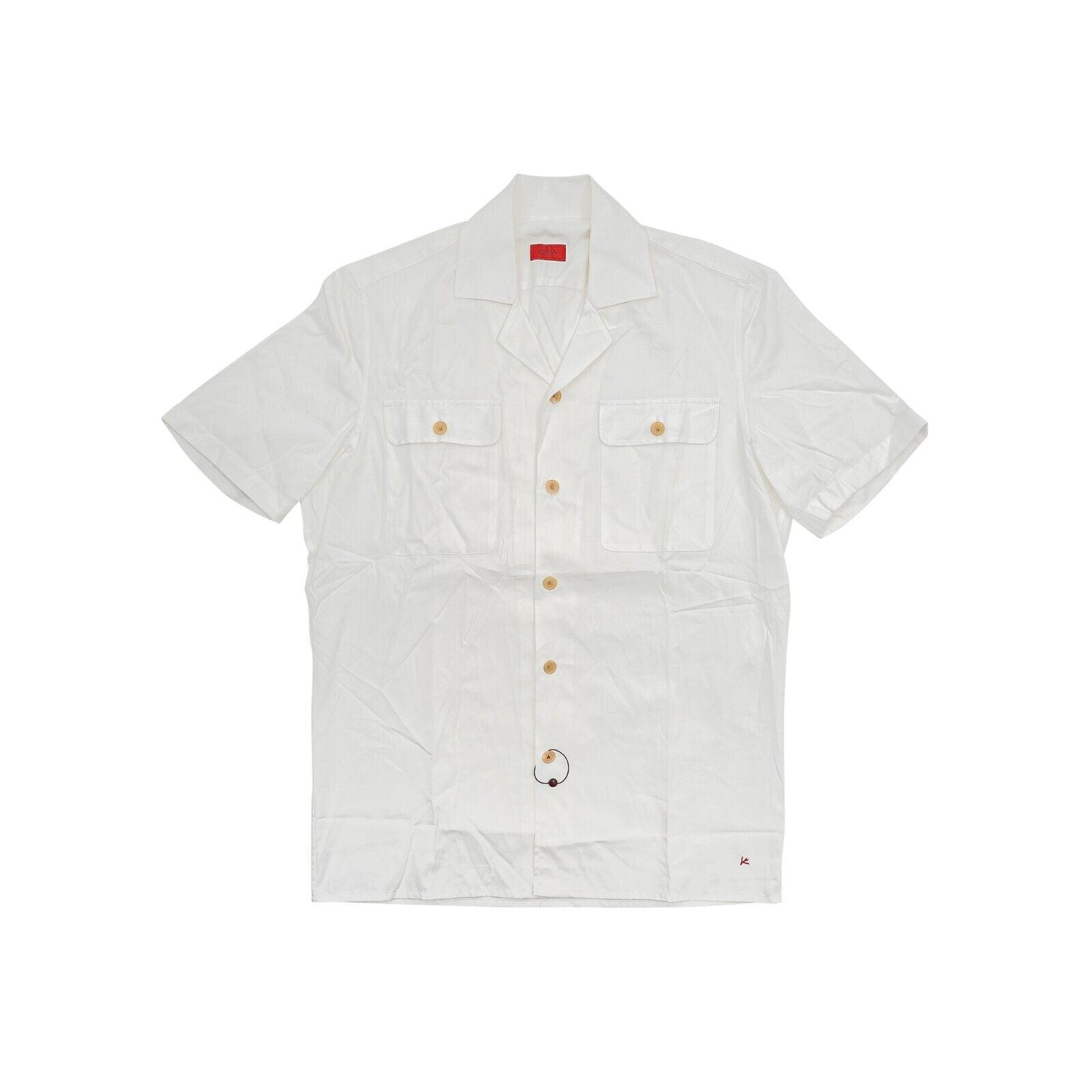 950$ ISAIA NAPOLI White Short Sleeve Safari Shirt Camp Collar Cotton 15.5 - 39