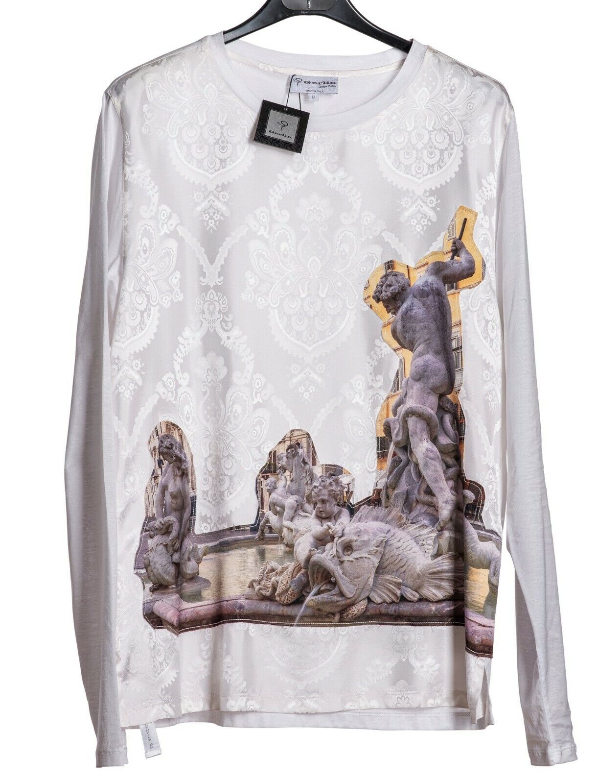 1450$ GERLIN T-Shirt 100% Silk "FOUNTAIN OF NEPTUNE ROME" Sz M BIJAN