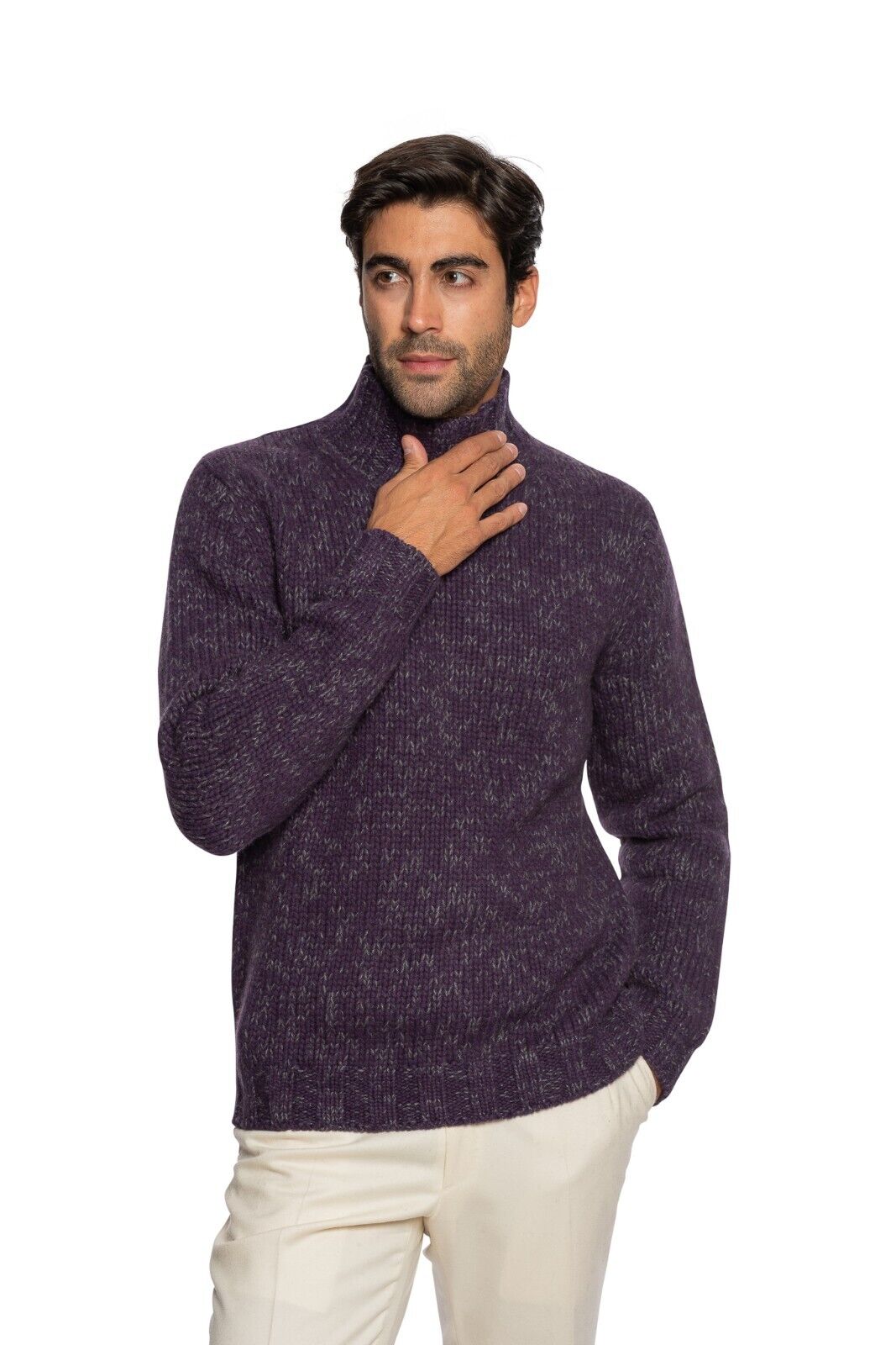 $1500 FEDELI CASHMERE Purple Sweater Thick Mouline Ribbed 100% Cashmere Mockneck