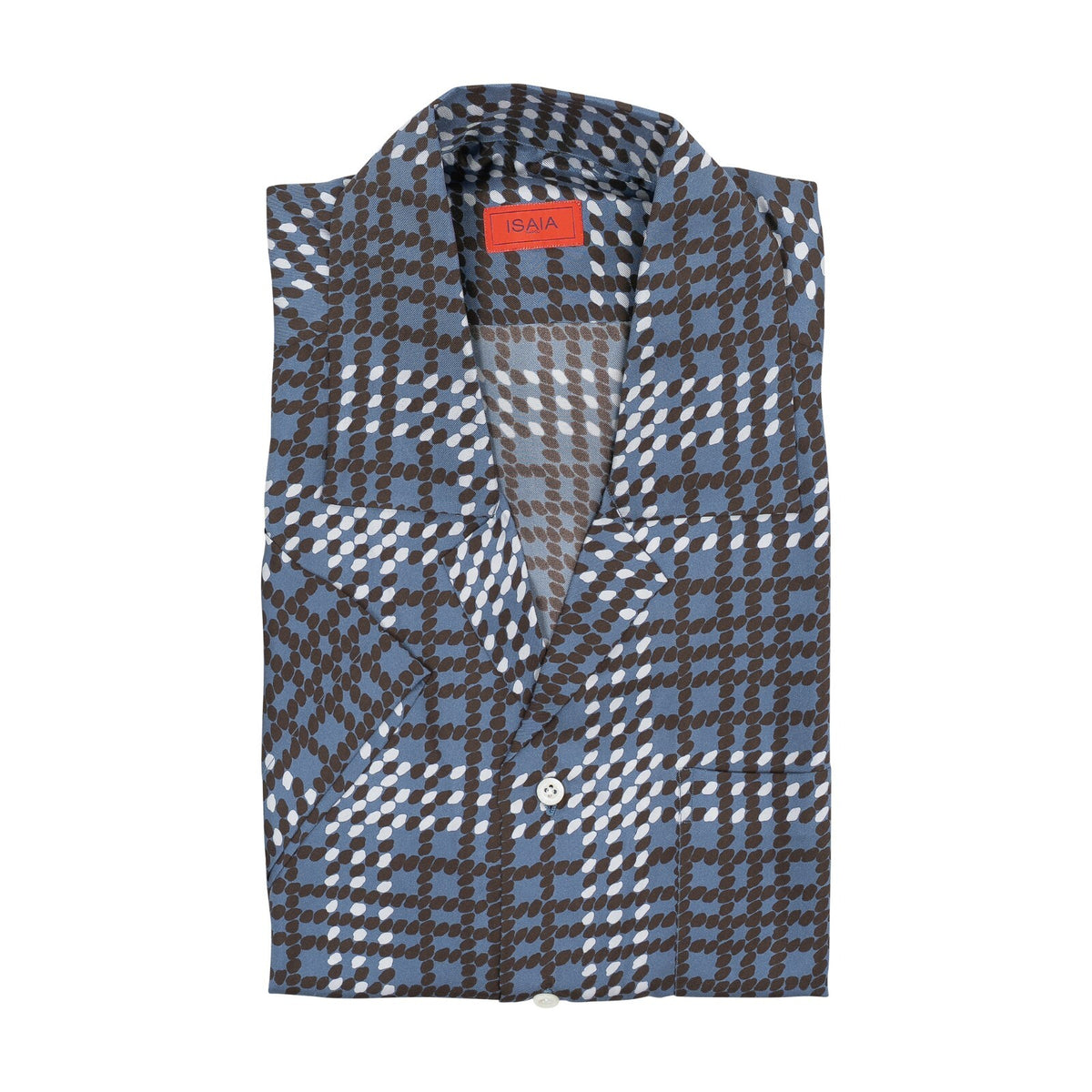 1250$ ISAIA NAPOLI Blue Geometric Shirt Camp Collar 100% Silk