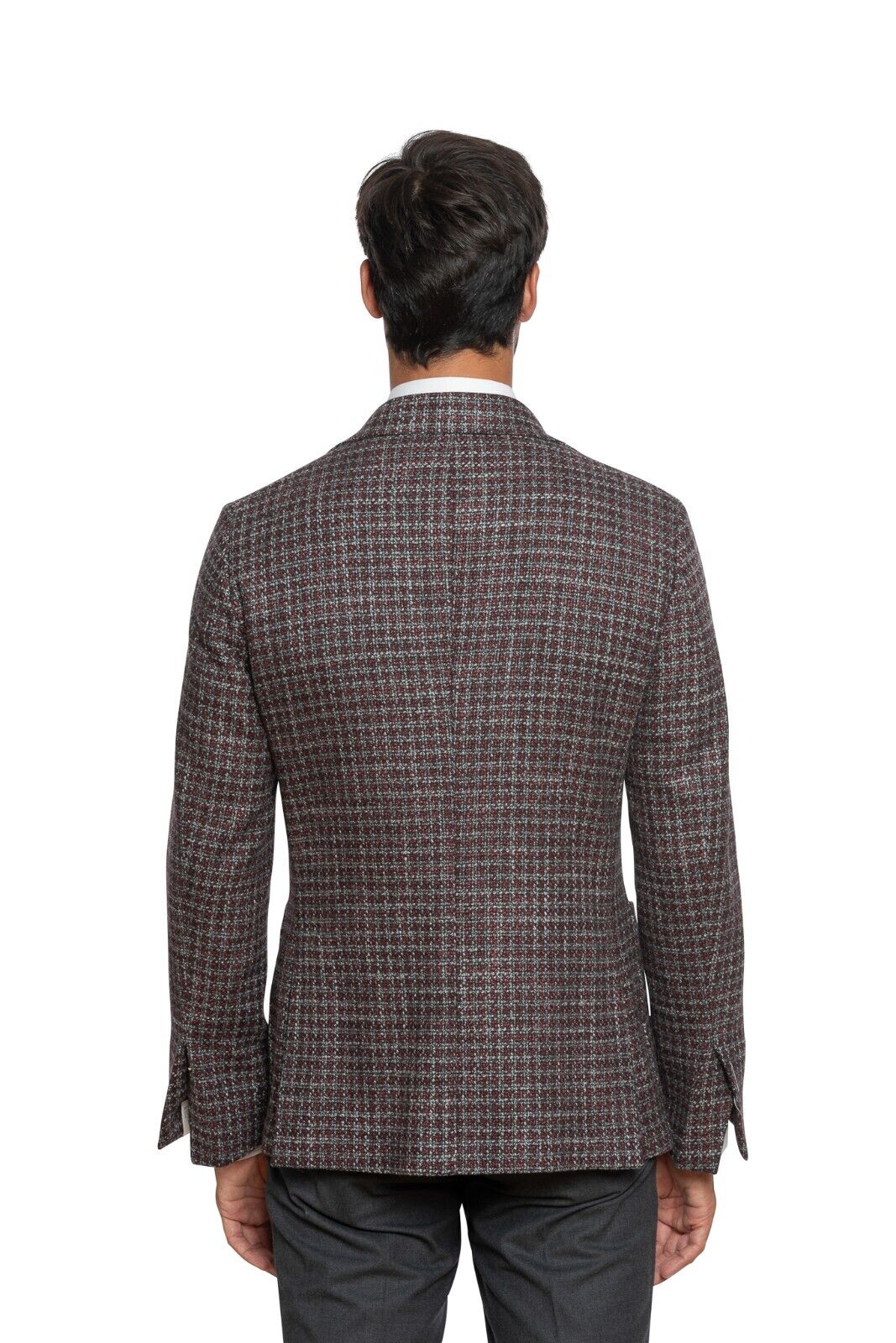 $2080 LUIGI BORRELLI Hand-Sewn Wine Gray Houndstooth Jacket Wool Silk