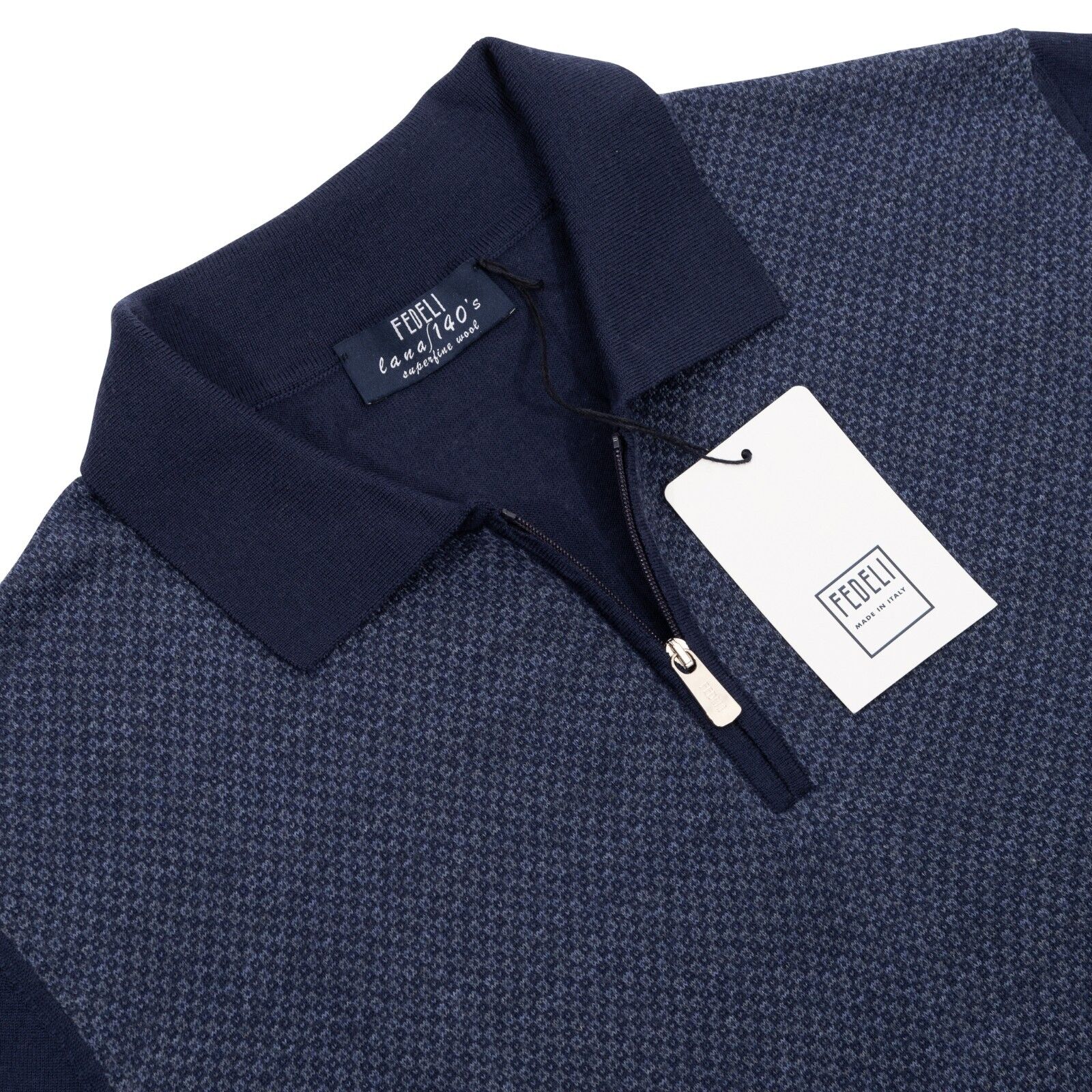 $1200 FEDELI CASHMERE Blue Sweater Half Zip Jacquard Fine Wool 140's 40 US 50 EU