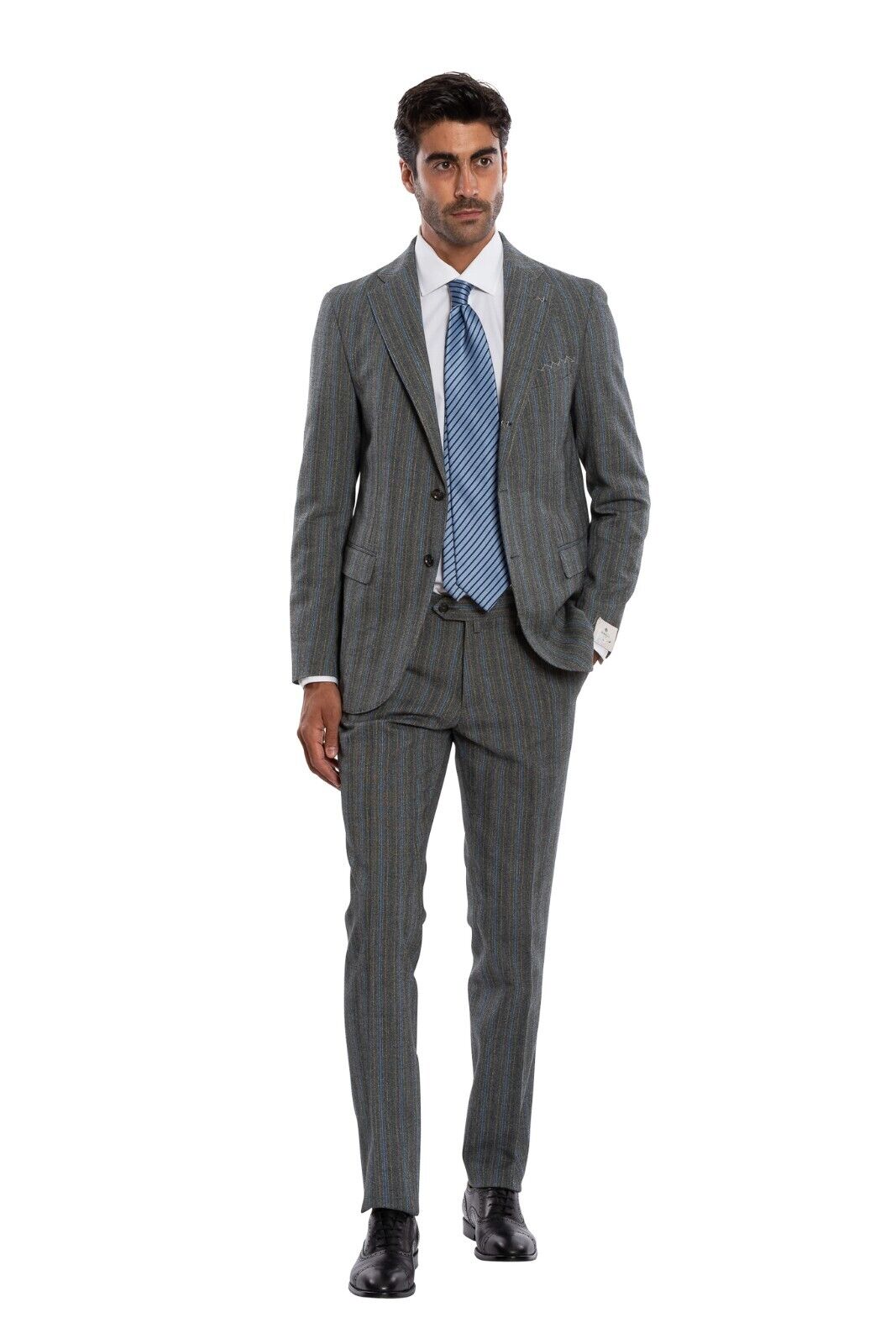 $2650 LUIGI BORRELLI NAPOLI Hand-Sewn Gray Striped Suit Wool Cotton Slim Fit