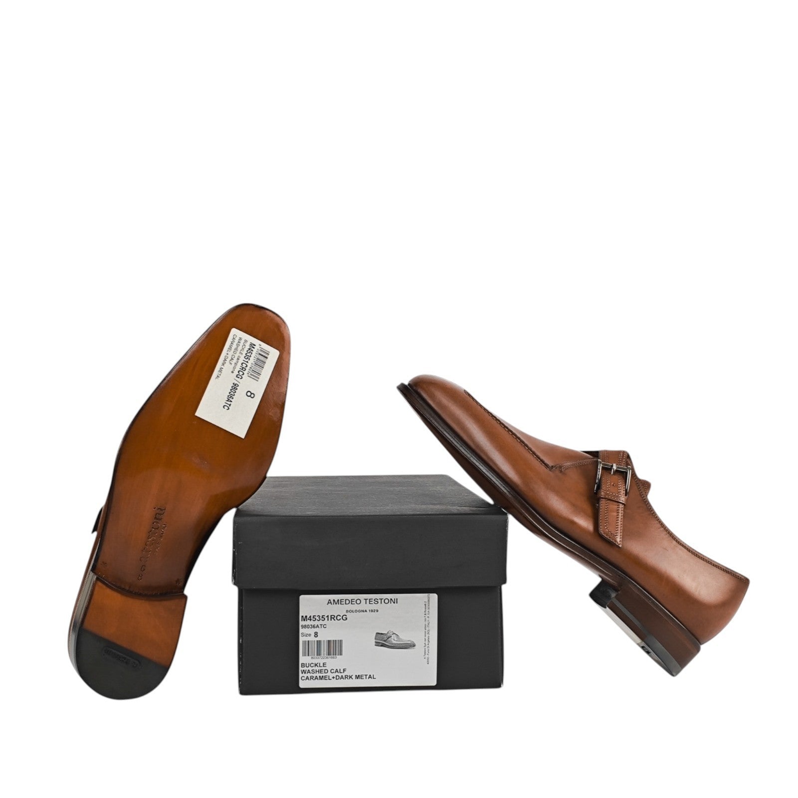 1250$ TESTONI Monk Shoes Buckle Caramel Washed Calf 8 UK / 9 US / 42 IT