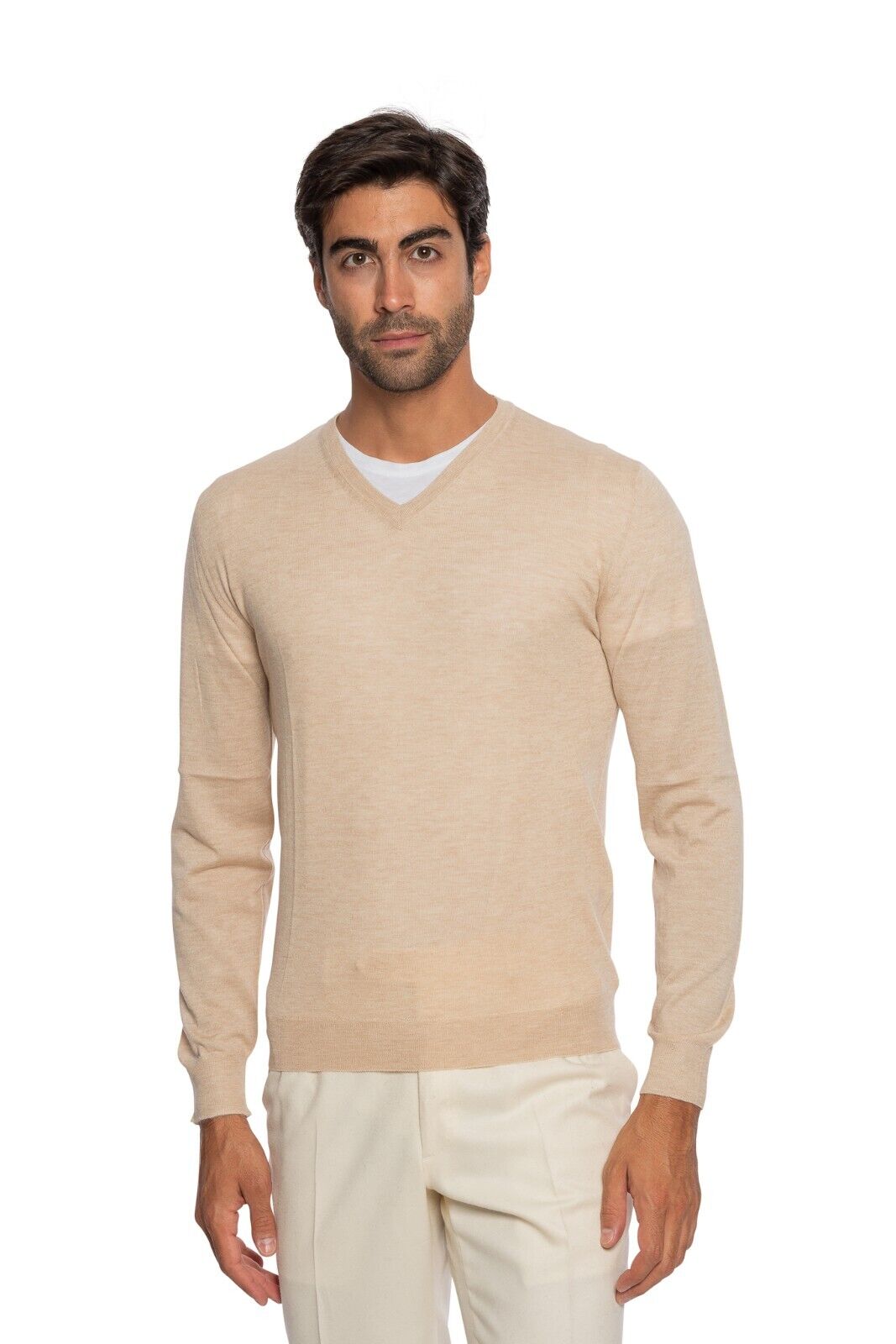 $2000 FEDELI CASHMERE Beige Modern V-neck Sweater 90% CASHMERE 10% VICUNA