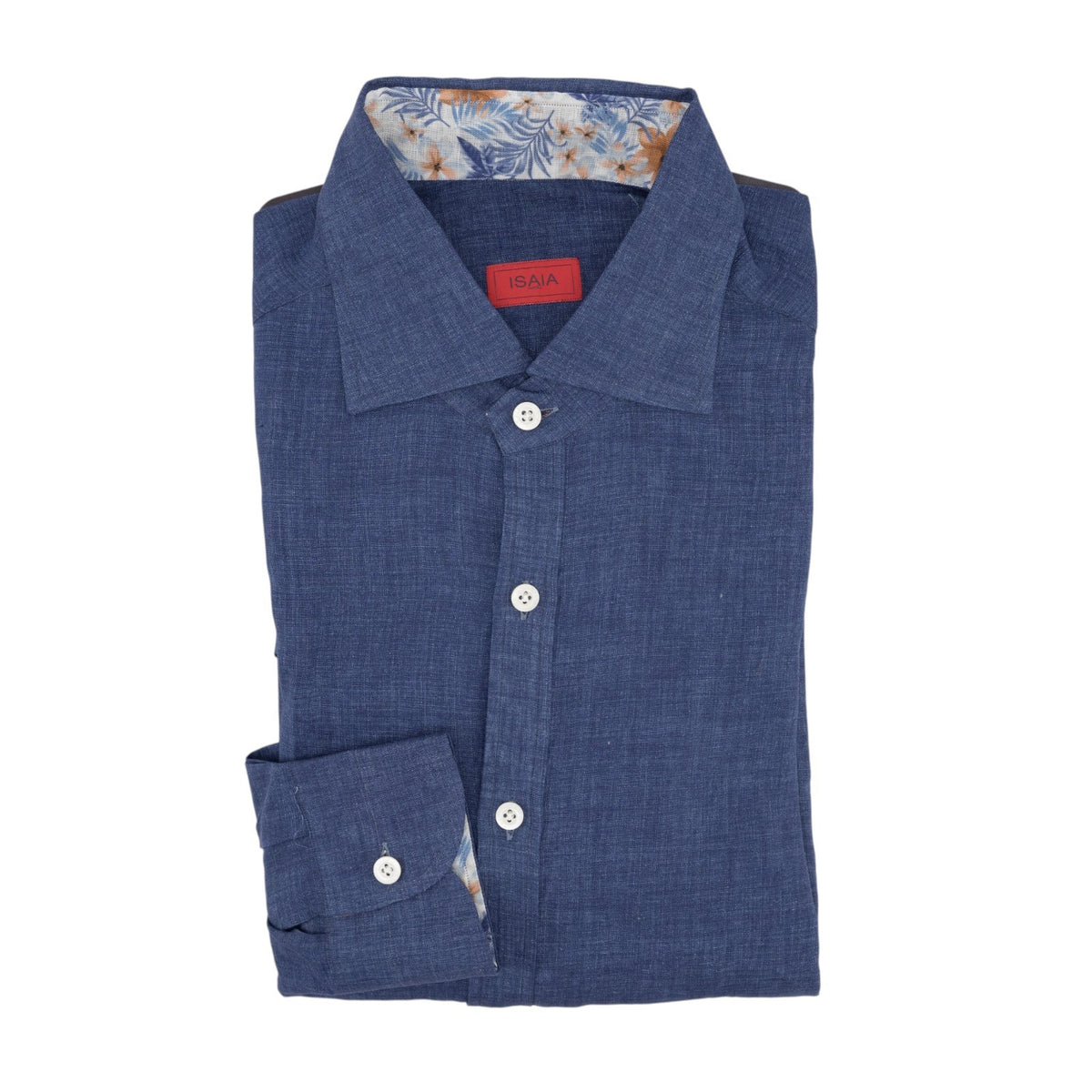 765$ ISAIA NAPOLI "Mix" Blue Dress Shirt Hand-Sewn 100% Linen 15.75 - 40