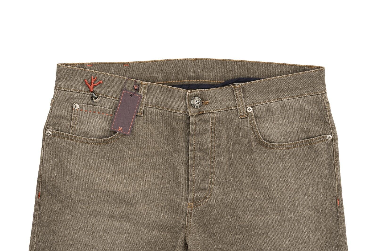 690$ ISAIA NAPOLI Taupe 5 Pockets Slim Straight Denim Jeans Pant Cotton