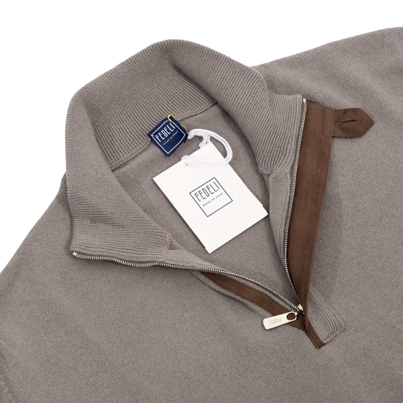 $1400 FEDELI CASHMERE Gray Sweater Half Zip 100% Cashmere / Lambskin 40 US 50 EU