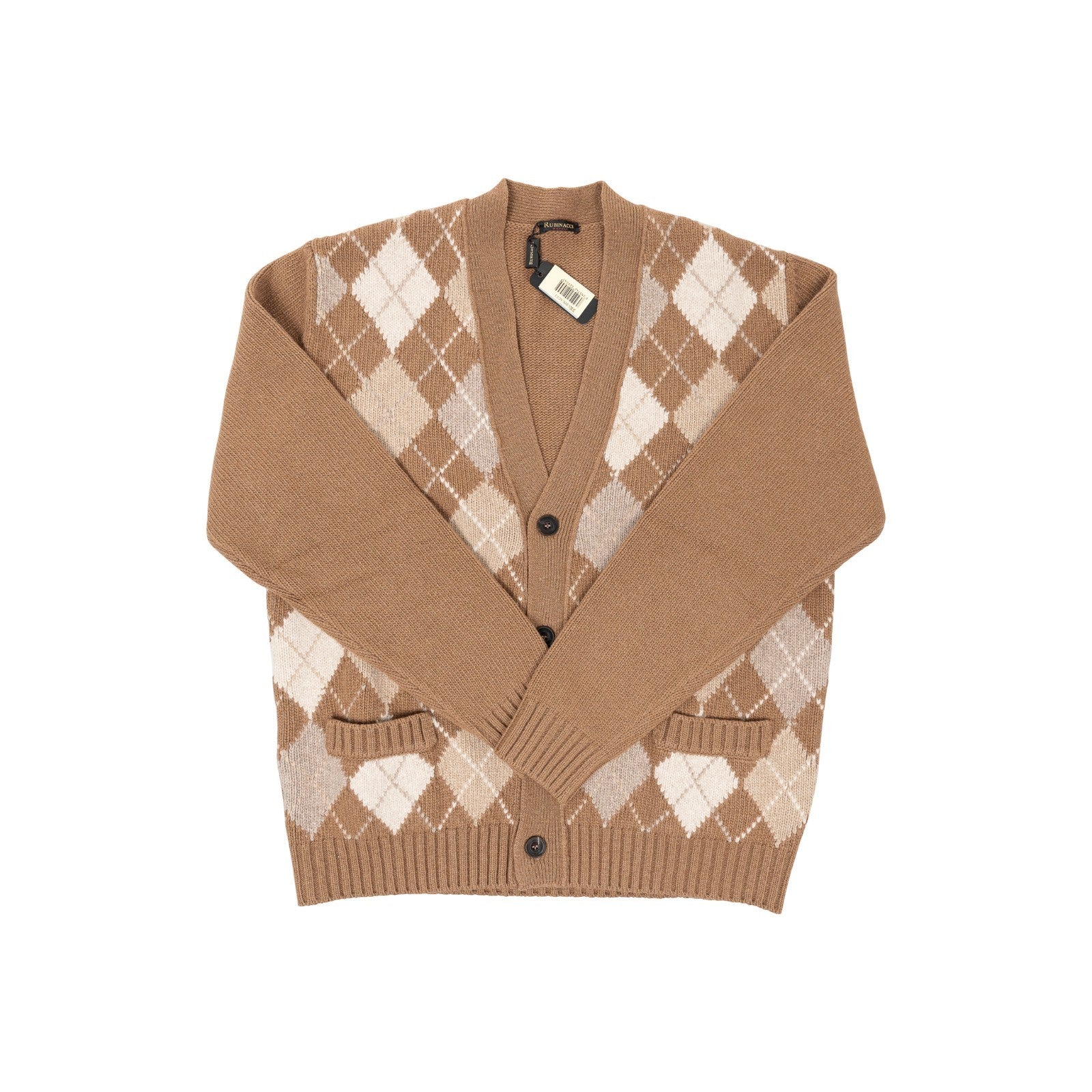 $950 RUBINACCI NAPOLI Beige Cardigan Jacket Argyle Check Merinos Wool