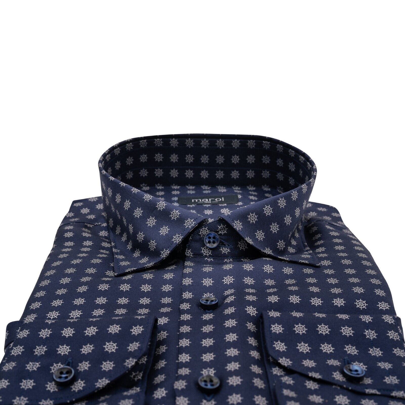 1400$ MAROL BOLOGNA Shirt Blue "Rudder" 100% COMO SILK Satin 15.75 - 40