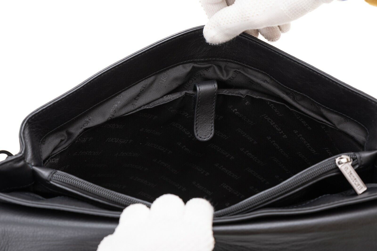 $780 Testoni Bologna Briefcase PC Case Luxury Black Easy Calf + Shoulder Strap