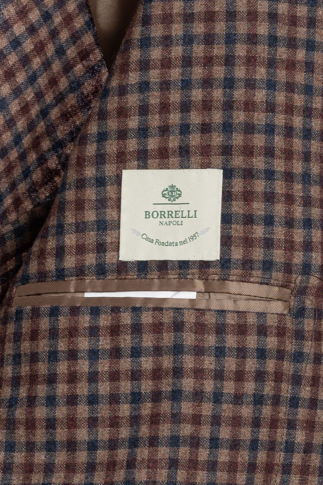 $1800 LUIGI BORRELLI "SORRENTO" Hand-Sewn Light Brown Cheks Jacket Blazer Wool